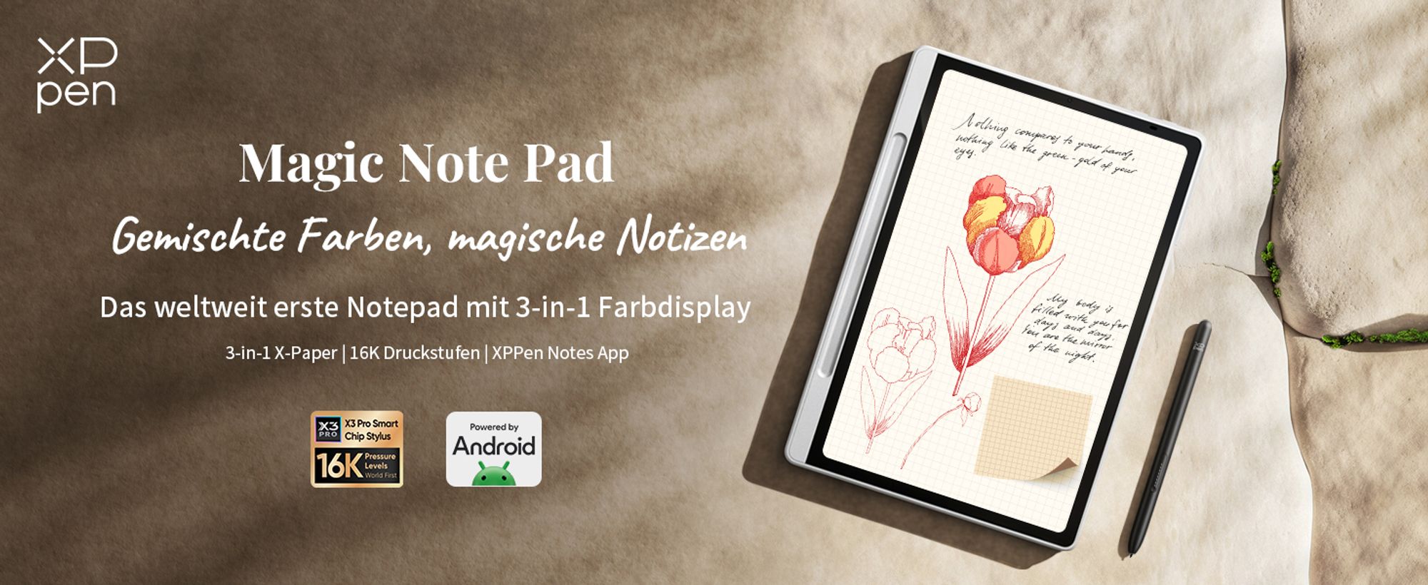 XPPen Magic Note Pad, Verkabelt & Kabellos, 5080 lpi, 148 x 236 mm, USB/Bluetooth, 31 cm (12.2"), IPS