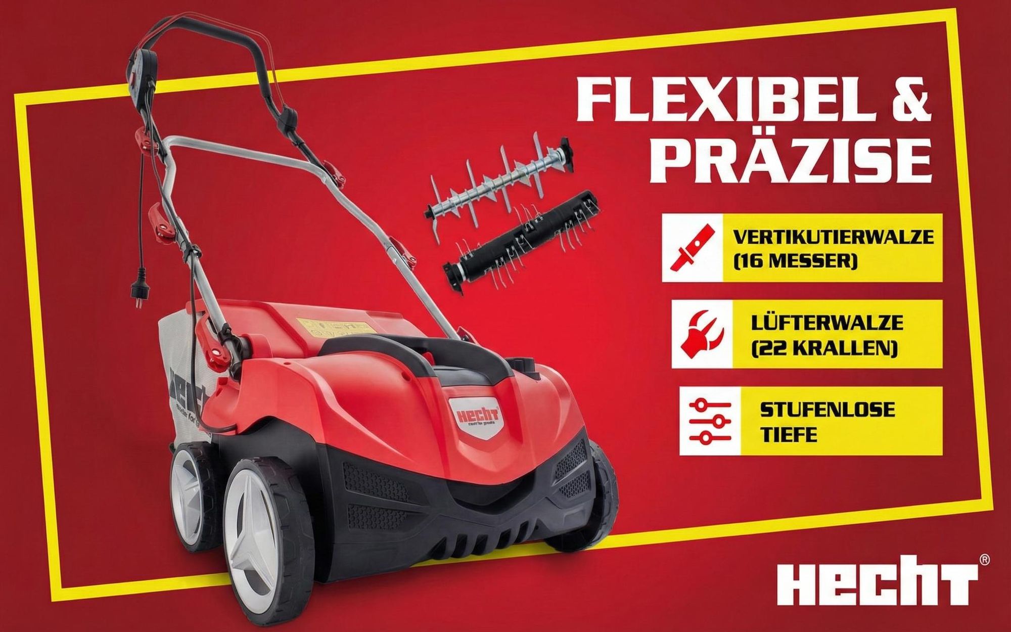 HECHT Vertikutierer Elektro 1999 | 2in1 Rasenlüfter | 36 cm Arbeitsbreite | 2000 W | 45 L Fangkorb | 22 Doppelkrallen | 16 Messer
