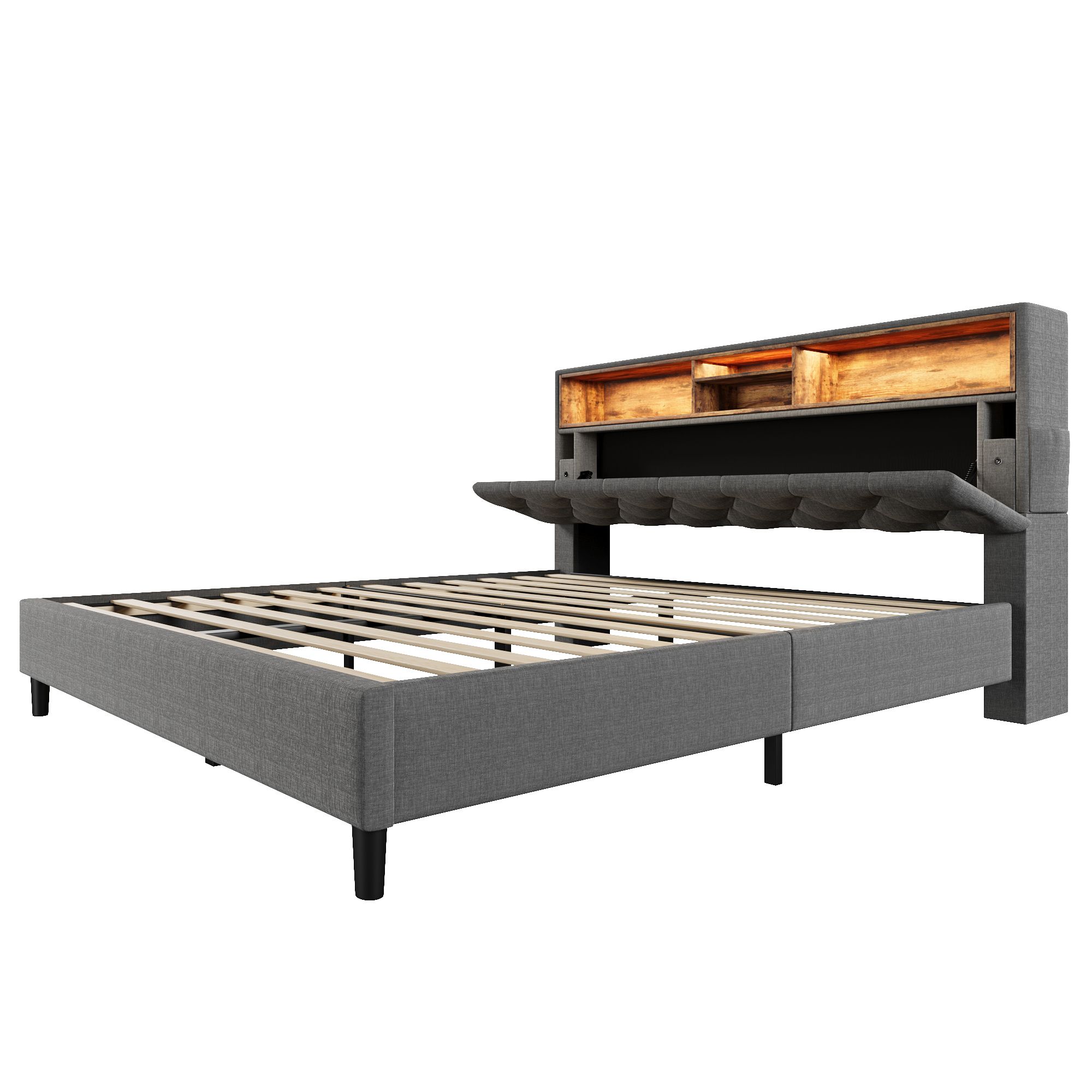 Flieks Polsterbett Massivholzbett 140x200cm mit Led und Kopfteil mit Stauraum, Doppelbett mit Lattenrost Jugendbett Ehebett
