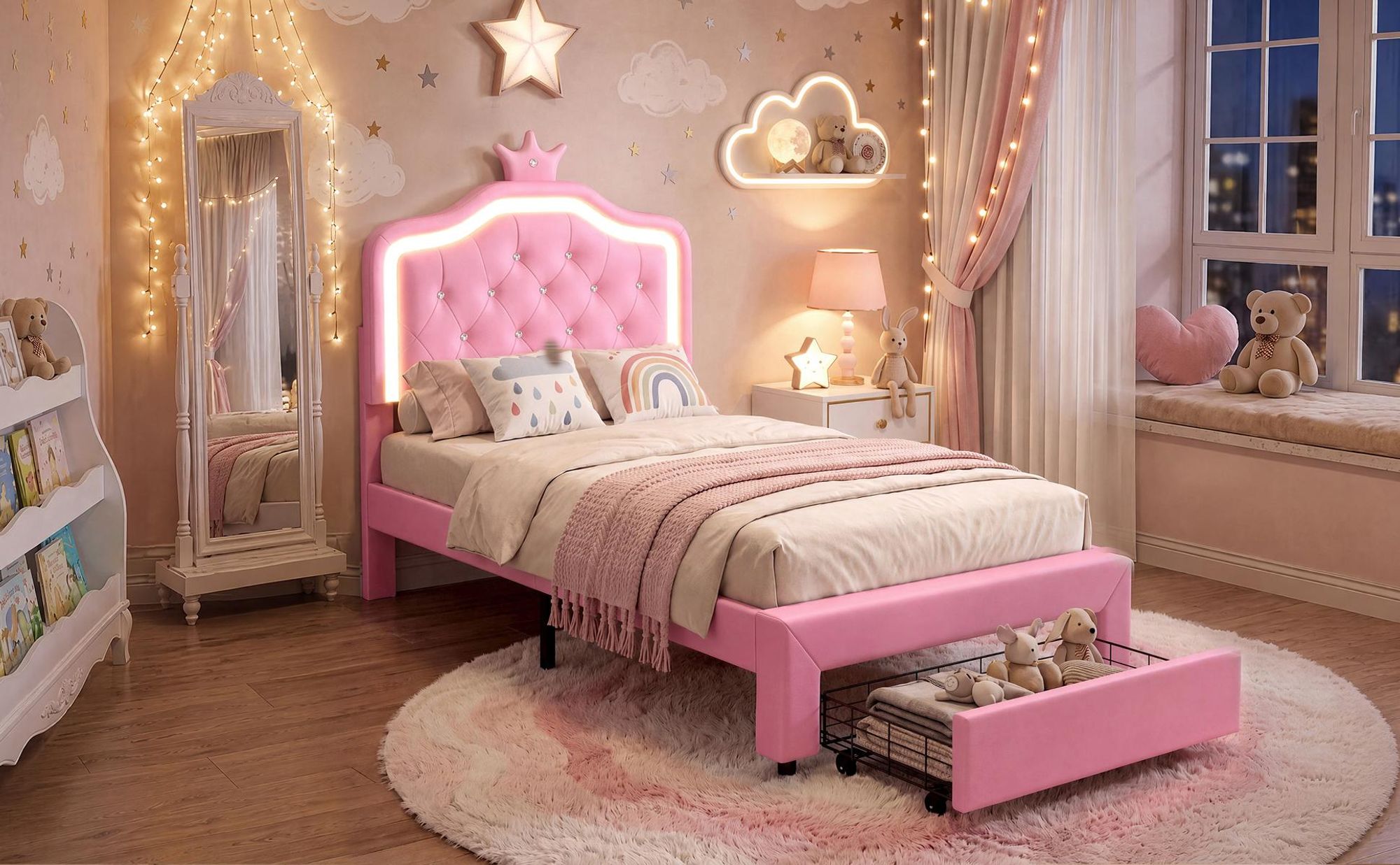 INONEFT Kinderbett 90x200 cm, Prinzessin-Polsterbett mit LED-Beleuchtung und Stauraum, Mädchen-Einzelbetten Bettgestell, ohne Matratze, PolyurethanRosa