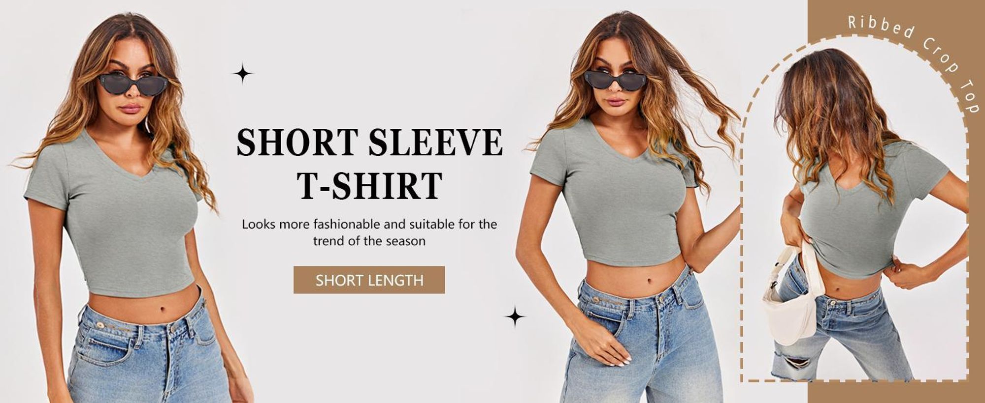 Kurzes Damen-Top, gerippter V-Ausschnitt, Kurzarm, sommerliches Basic-T-Shirt, schmale Passform, Y2K-Shirt
