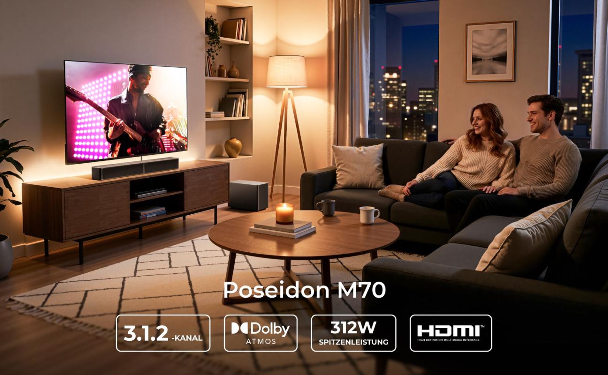 ULTIMEA Poseidon M70 - Soundbar für TV, 3.1.2 Dolby Atmos, kabelloser 5,25" Subwoofer, HDMI eARC, Bluetooth® 6.0, 312 W Spitzenleistung