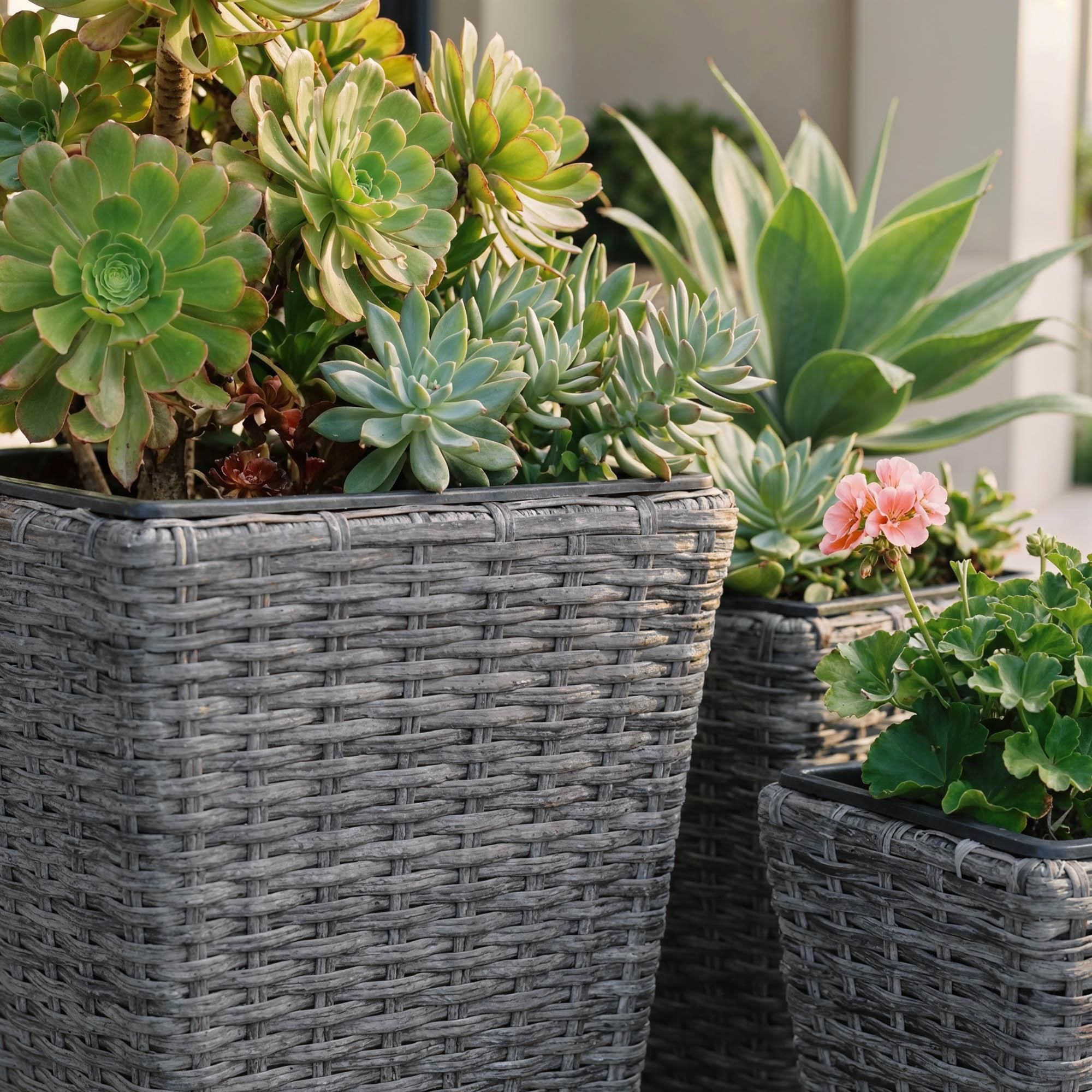 di volio Pflanzkübel Set POZA 3 quadratische Polyrattan Blumentöpfe Grau