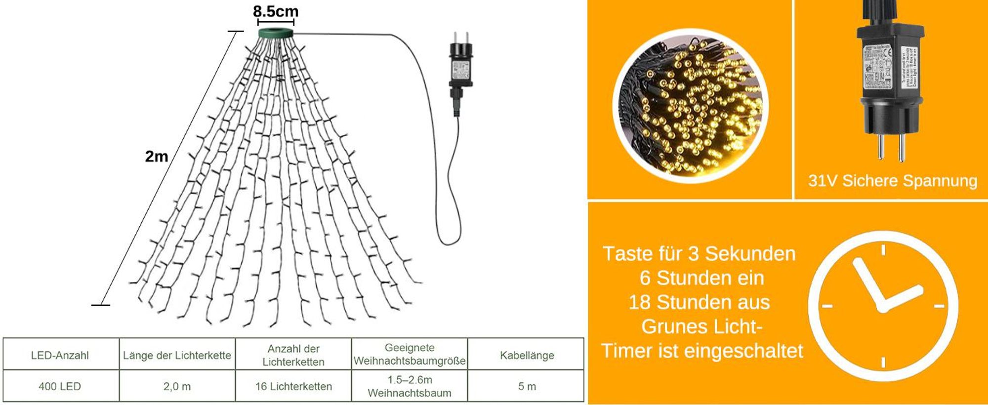2M Weihnachtsbaum Lichterkette 400 LED 8 Lichtmodi Christbaum Lichternetz Wasserdicht Christbaumbeleuchtung
