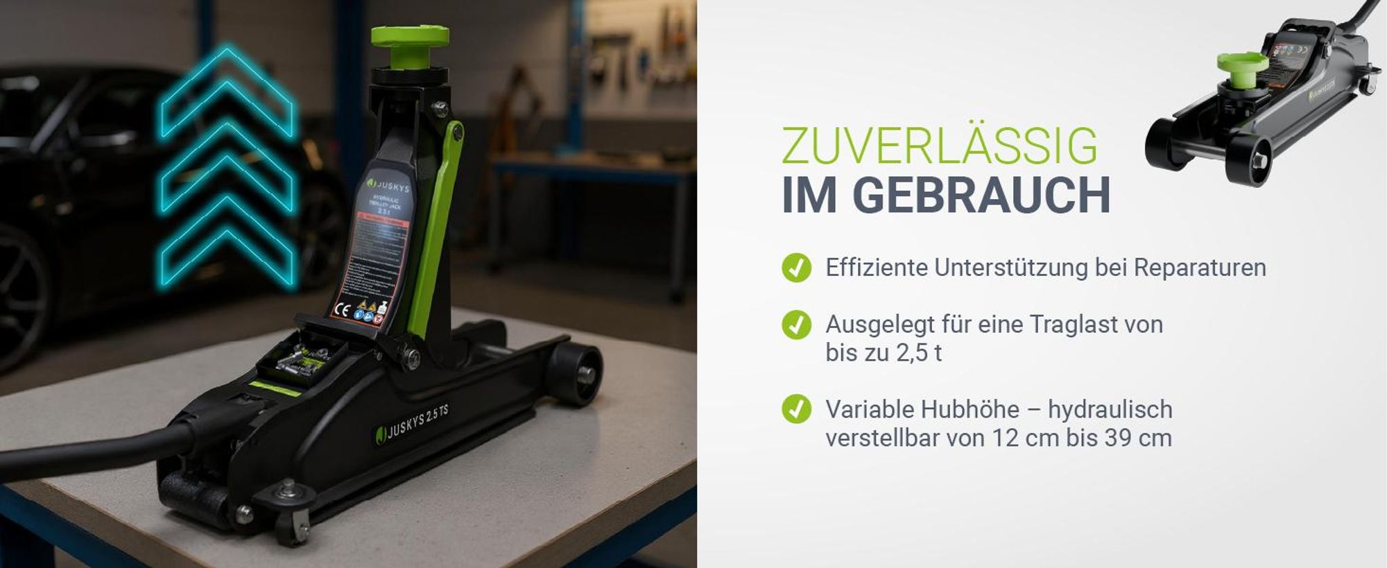 Juskys Wagenheber 2,5 t, hydraulisch mit Transportbox & Zubehör – Schwarz/Grün