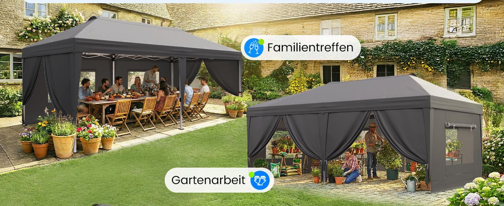 Quictent Pavillon 3x6m Faltpavillon EIN-Tasten-Zentralverriegelung,Wasserdicht UV-beständig, Gartenpavillon faltbar mit 6 Seitenwänden, Grau