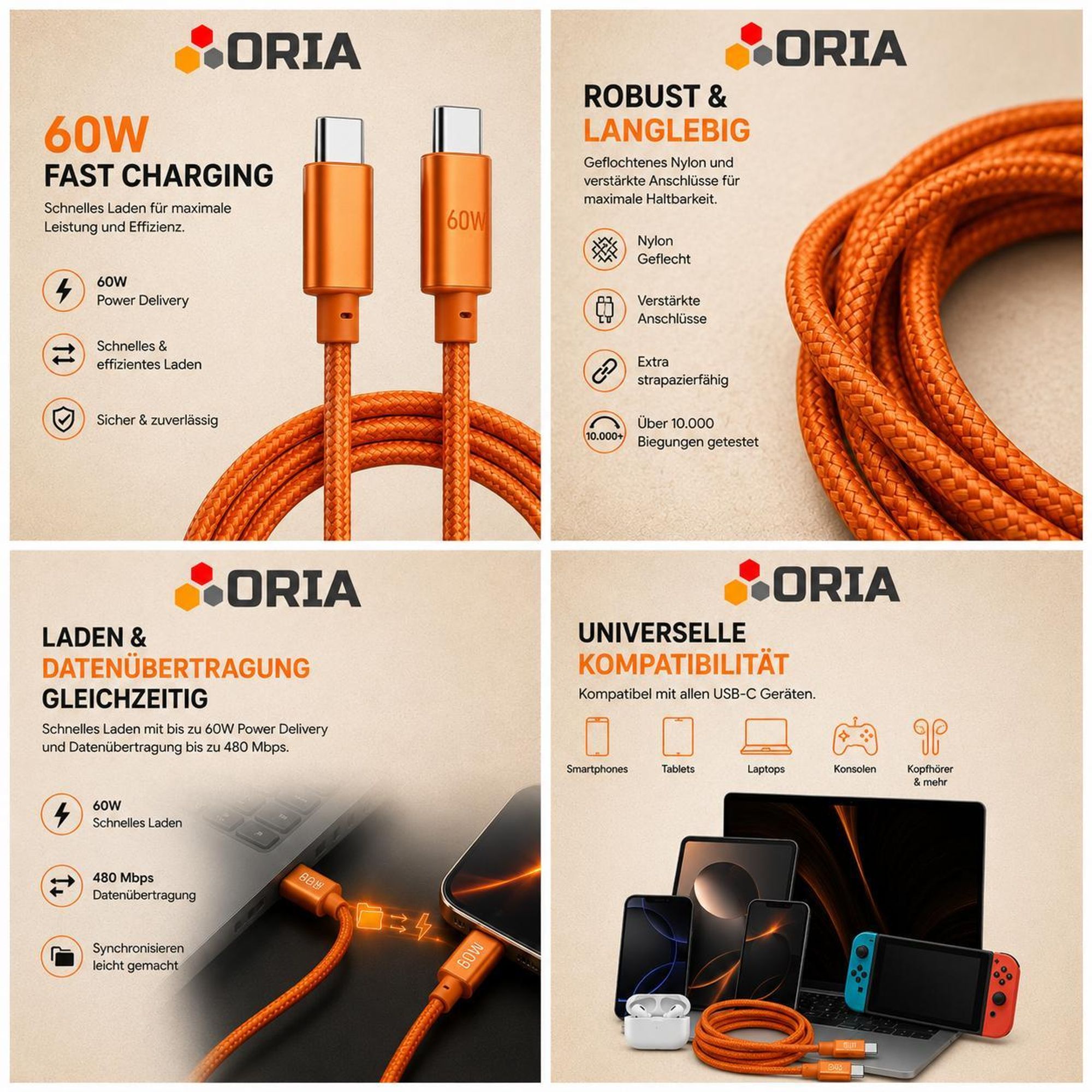 USB-C auf USB-C Kabel 60W für iPhone 18 17 16 15 Pro Max, iPad & MacBook – Fast Charging Schnellladekabel Nylon Orange