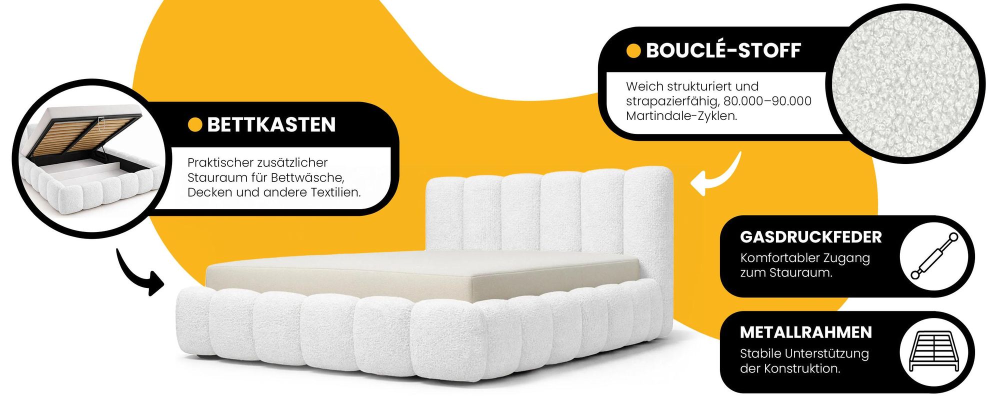 Polsterbett 140x200 cm - Bouclé Stoff - Weiß - mit Bettkasten und Stauraum - Quelle 01