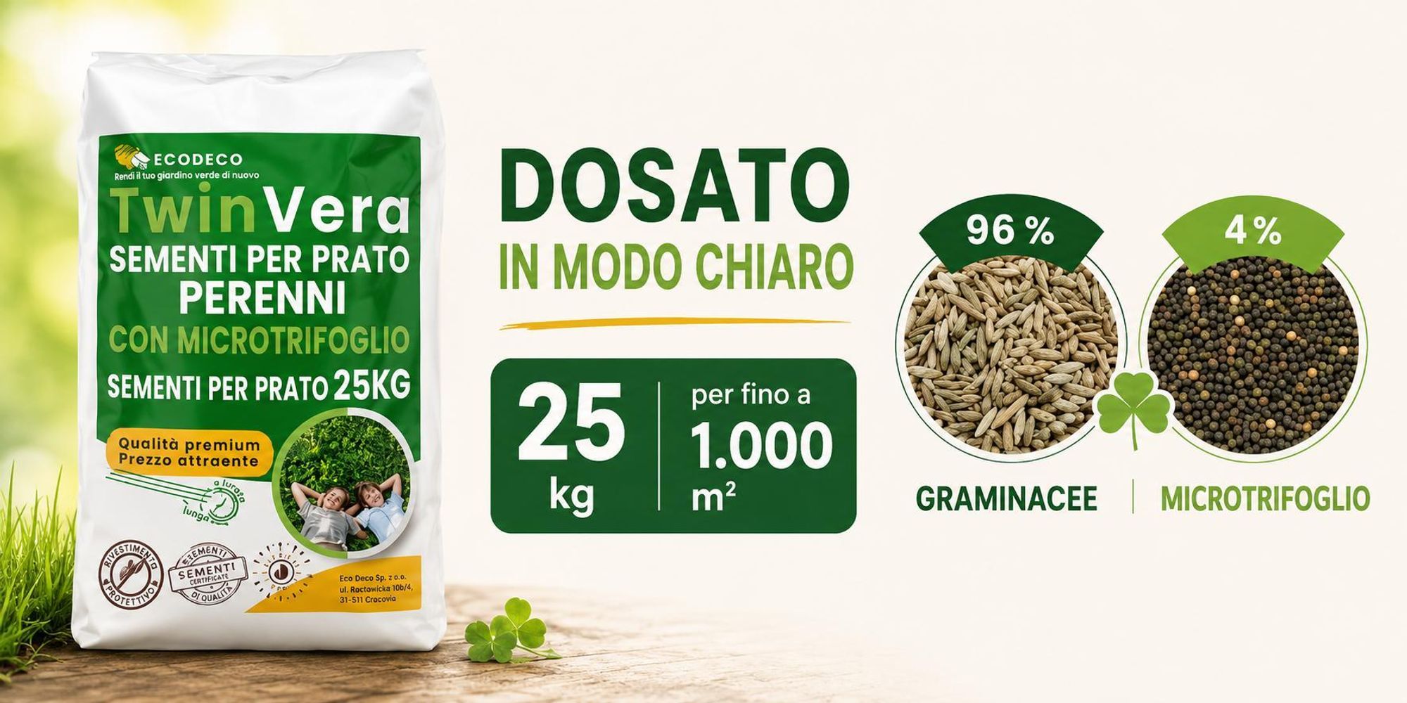 EcoDeco semi per prato con microtrifoglio, semi prato resistenti al calpestio, miscela universale 25 kg per prato fino a 1000 m2