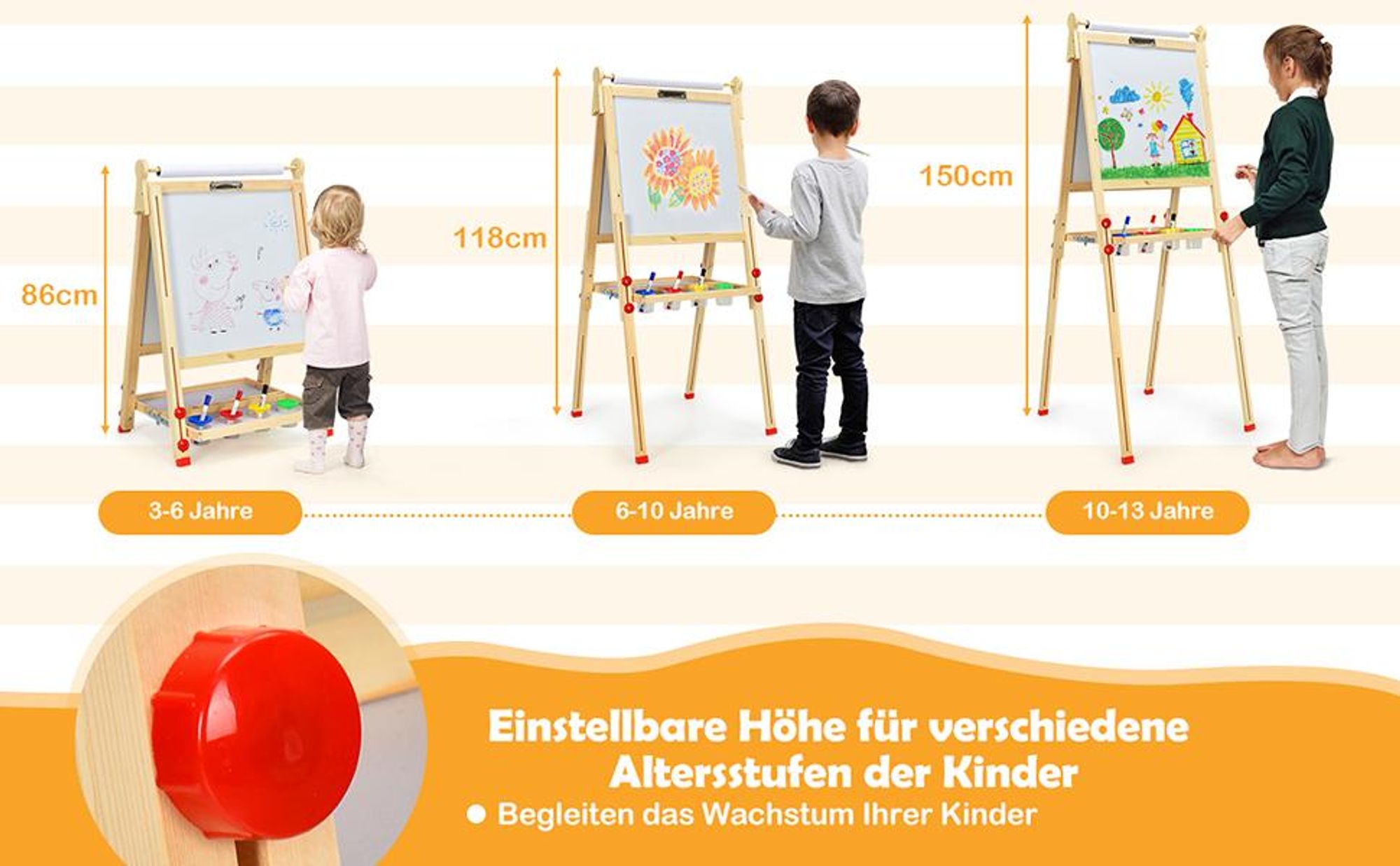COSTWAY 3 in 1 Kindertafel aus Holz, Kinder Staffelei höhenverstellbar mit Whiteboard & Kreidetafel & Zeichenpapier, Magnettafel mit Ablage&Zubehör