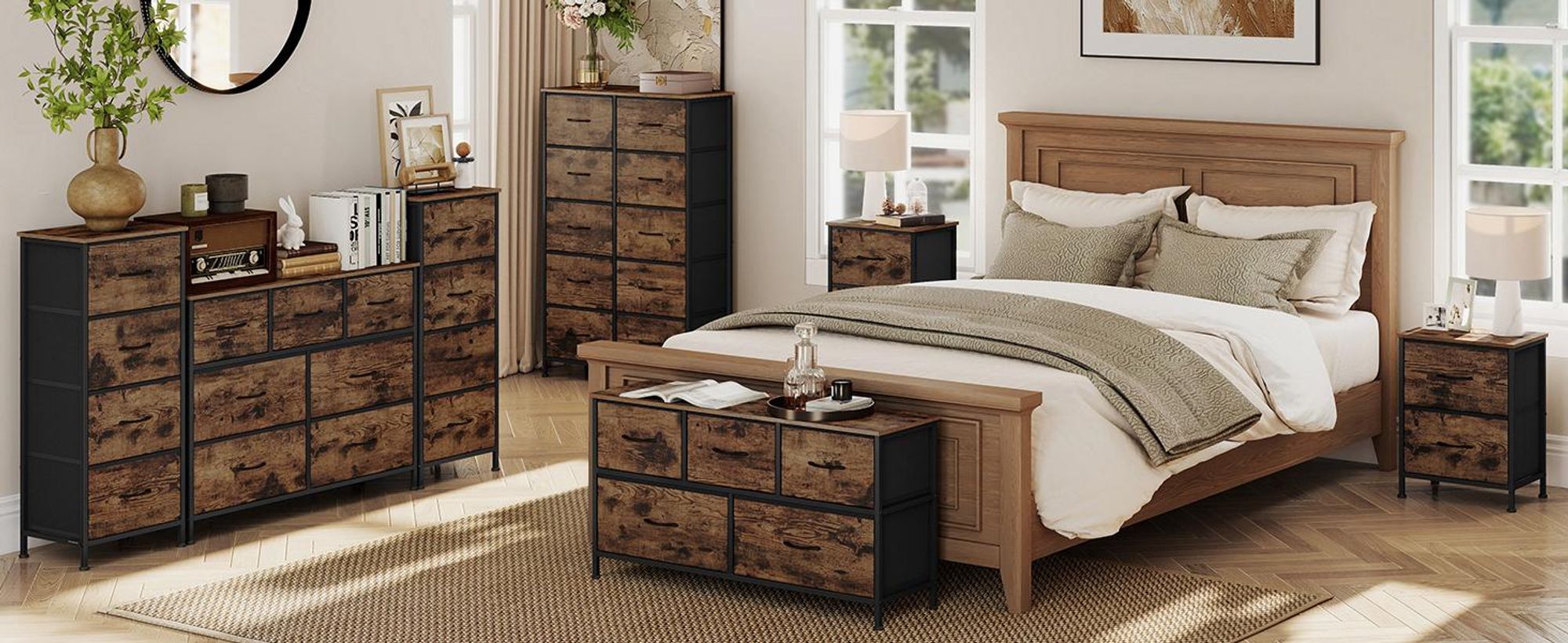 SONGMICS Kommode, Schrank, 9 Stoffschubladen, für Schlafzimmer, Flur, Wohnzimmer, braun-schwarz
