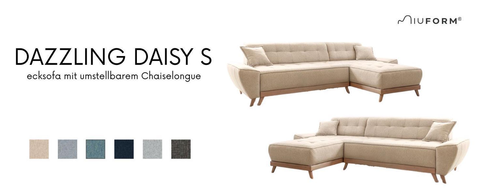 MIUFORM Dazzling Daisy - Ecksofa mit Bettfunktion und Bettkasten Sofa mit seitenverkehrt montierbarer Chaiselongue - 260x164cm - Türkis - Sofa Schlafsofa Couch
