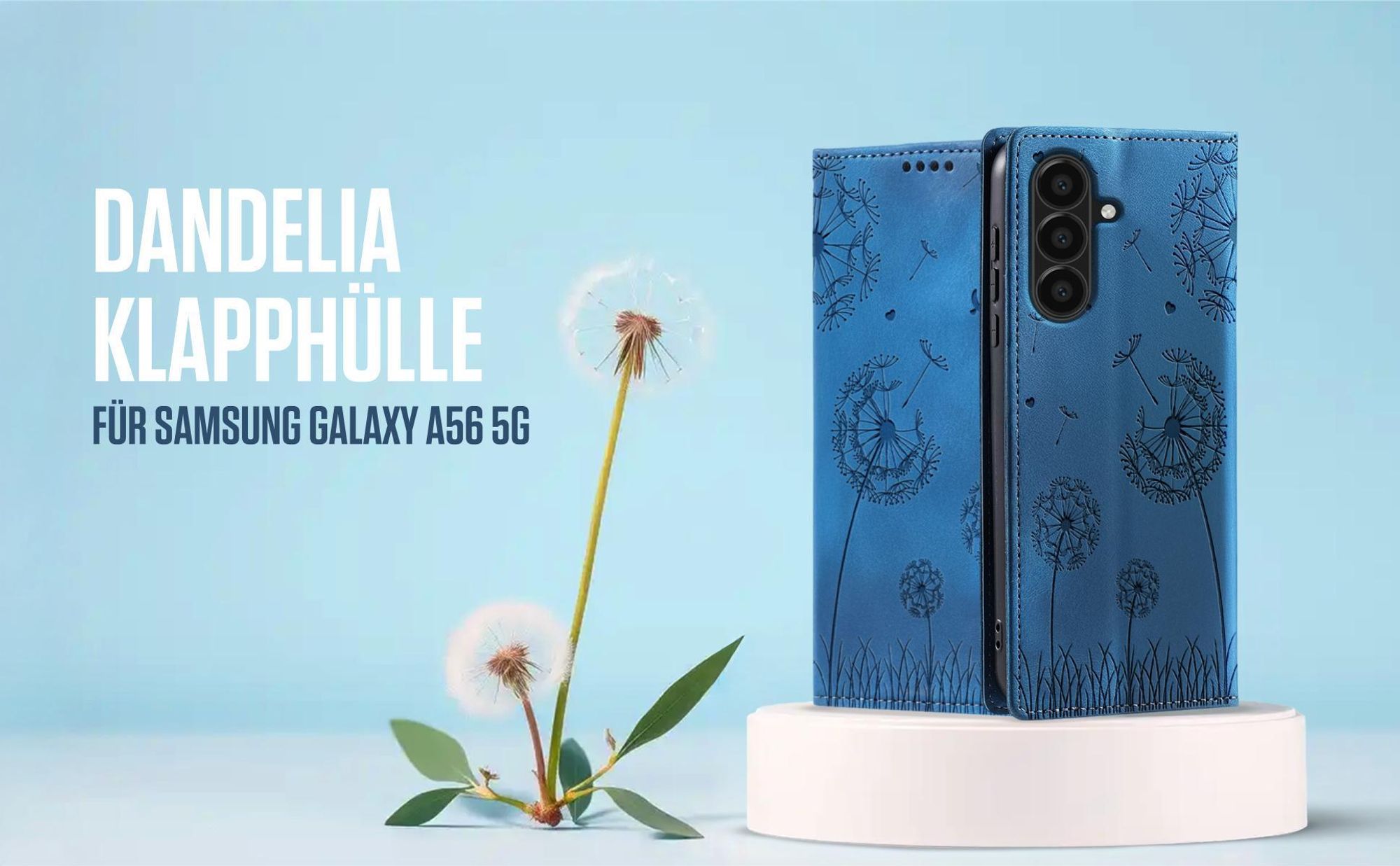 Blaue Klapphülle für Samsung Galaxy A56 5G mit feiner Löwenzahn Prägung
