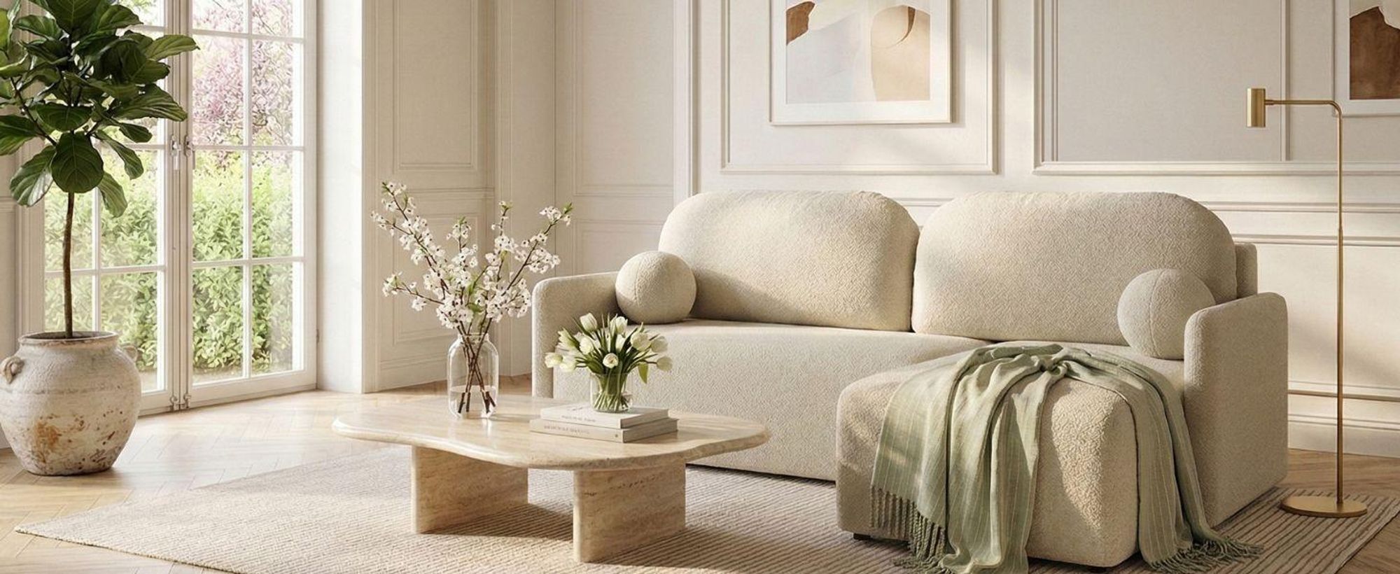 DEKORI Skandinavisches Sofa MALVA – 3-Sitzer Stoffsofa mit runden Kissen - QUELLE 02 (Cremeweiß)