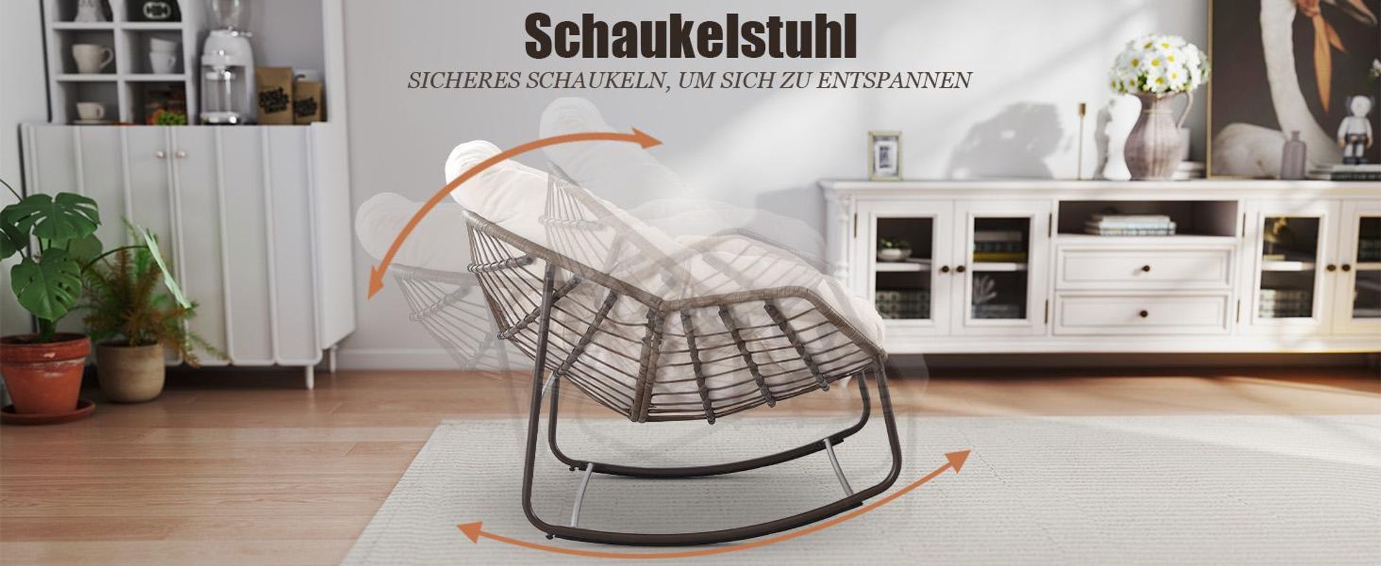 LVHOM Schaukelsessel Garten mit Kissen, 2 Stk. Rattanstühle mit Stahlrahmen, Schaukelstuhl Lounge-Schaukelsessel, Sessel für Balkon, Creme-Weiß