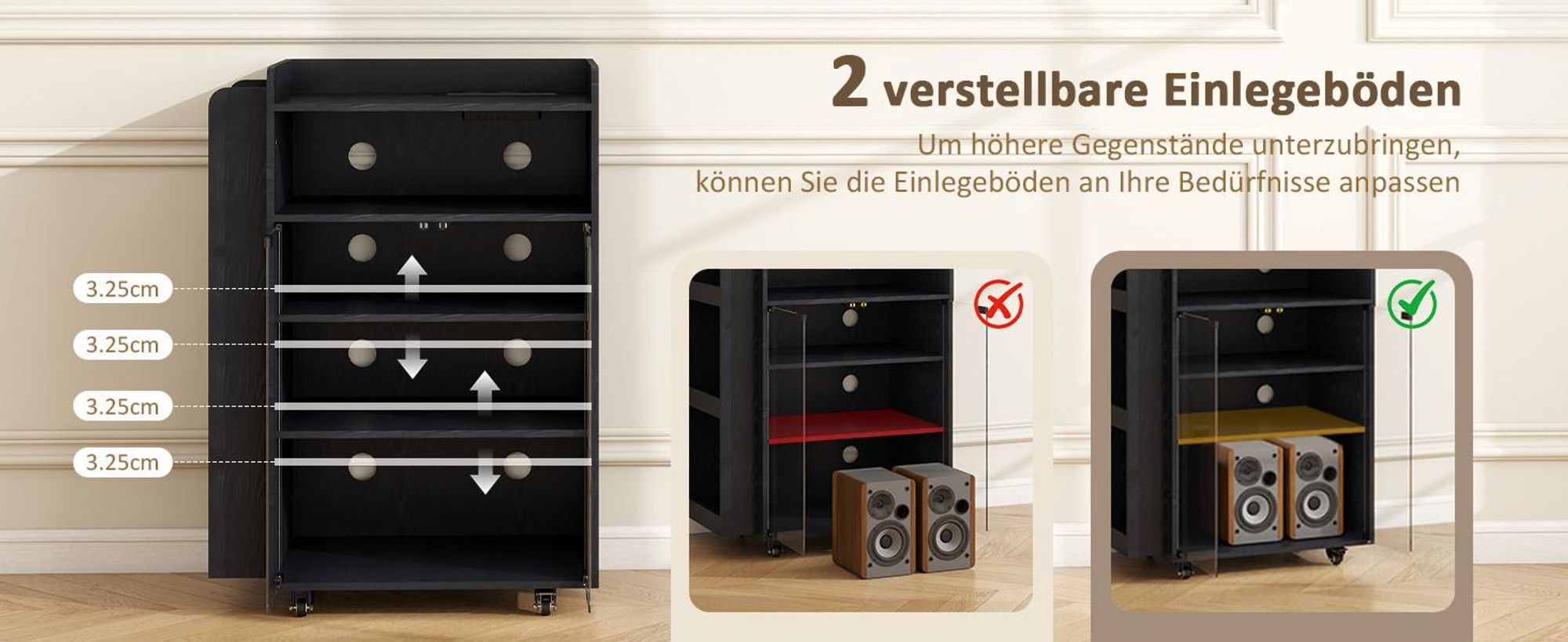 Puluomis Schallplattenschrank mit LED RGB Beleuchtung, Steckdosenleiste, Wohnzimmerschrank mit Rollen, Magnetdruckverschlüsse, Verstellbare Böden