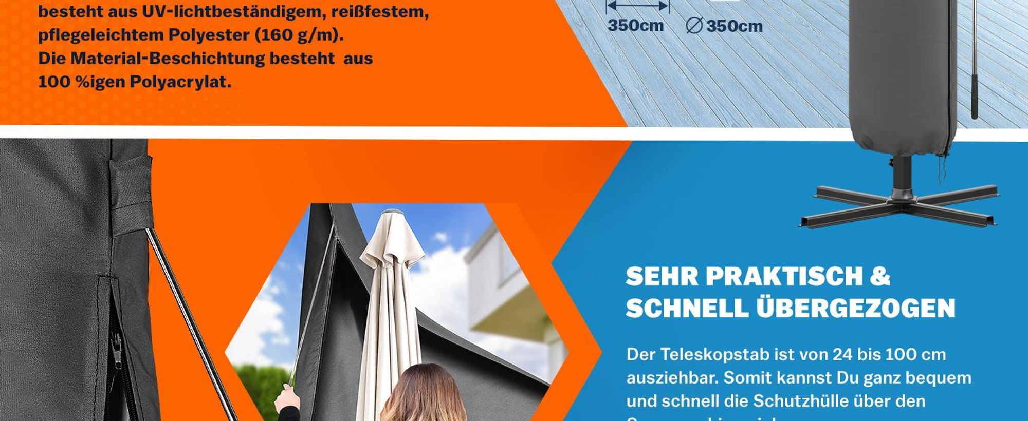KINGSLEEVE® Sonnenschirm Schutzhülle mit Stab bis Ø 350 cm Winterfest Groß Ampelschirm Gartenschirm Abdeckung Abdeckhaube Hülle Plane Schirmhülle Grau