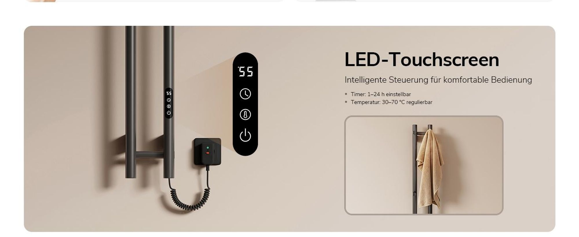 EMKE Elektrischer Handtuchheizkörper WLAN-App Steuerung mit Wochenprogramm LED Touchscreen Kompakt 2-Rohr Handtuchtrockner 120x12,4cm 145W Anthrazit