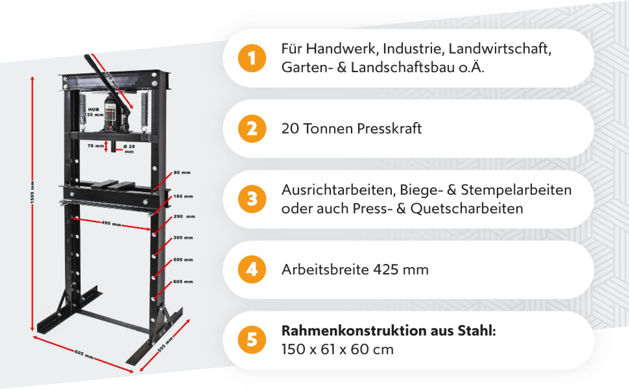 XPOtool 20T Black Edition Werkstattpresse, 500 mm, Hydraulikpresse aus Stahl, Rahmenpresse, Lagerpresse zum Pressen, Stempeln, Umformen