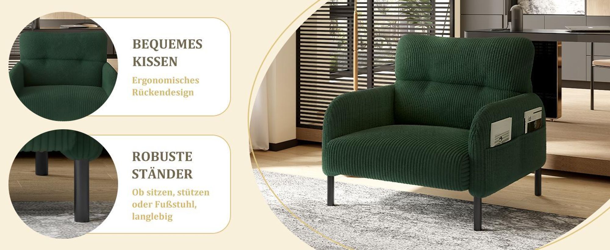 LVHOM Sessel mit Seitentaschen, Relaxsessel Cordstoff, Polstersessel Lehnstuhl Wohnzimmersessel mit Metallbeine, Beige
