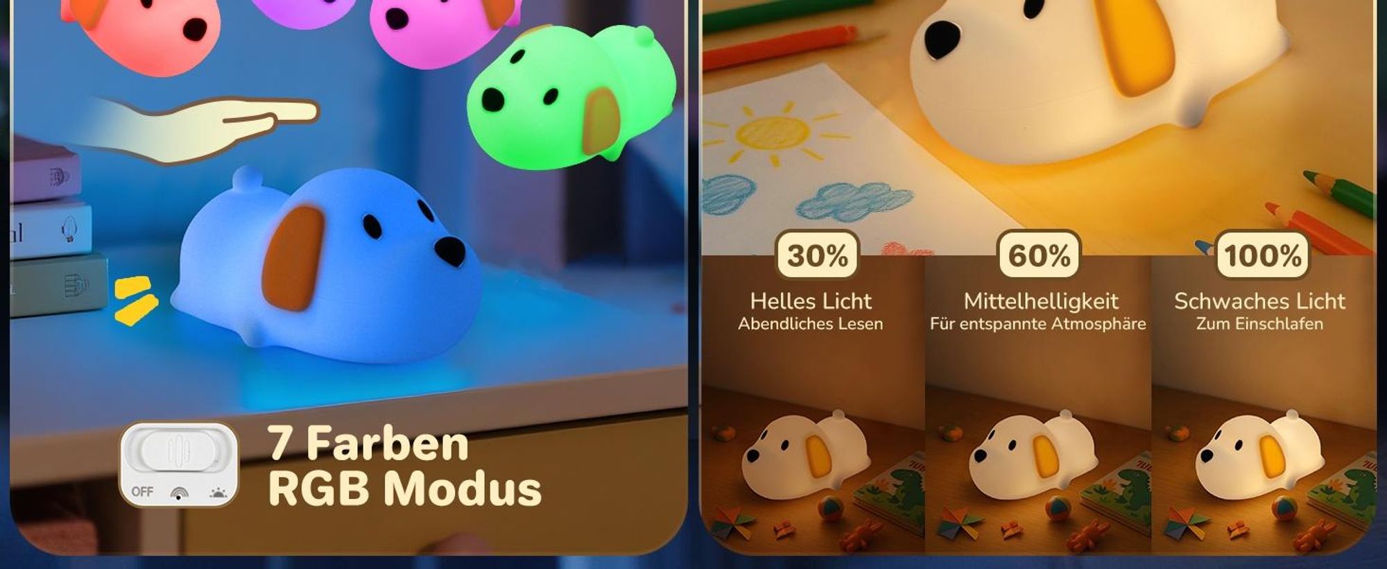 LED Nachtlicht Silikon Hund Touch Nachtlampe USB-Aufladung mit Timer,RGB,Schlaflicht Kinderzimmer tragbare Schlafhilfe Stilllicht