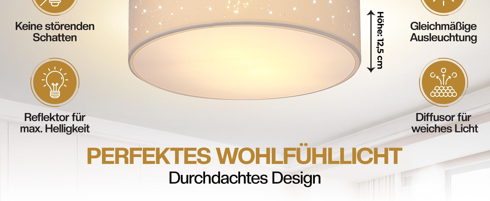 MONZANA® Deckenlampe Sternenhimmel Wohnzimmer Schlafzimmer E27 Weiß Rund 38cm Stoffschirm 2-Flammig 40W Küche Lampe Deckenleuchte Stoffdeckenlampe