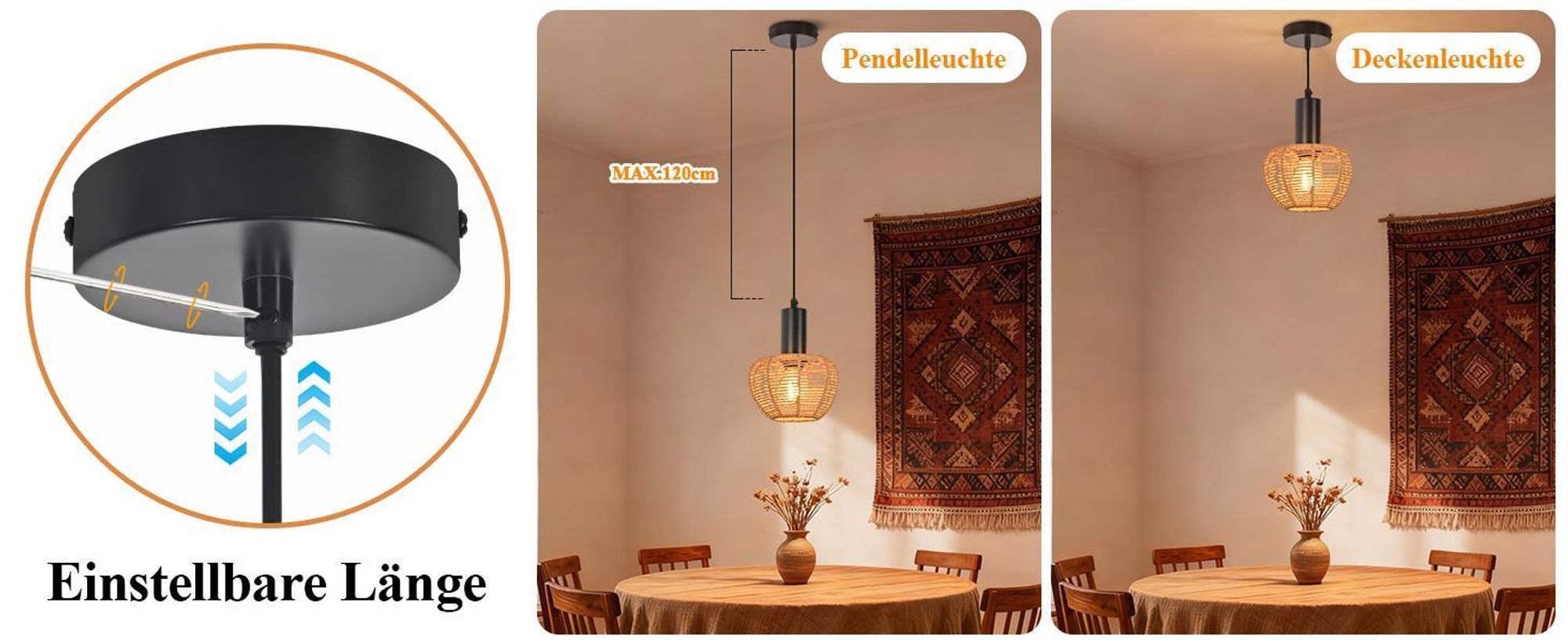 ZMH Hängelampe Boho Pendelleuchte Rattan 1 Flammig Esstischlampe Geflochten Hängeleuchte Lampenschirm Pendellampe für Schlafzimmer/Ohne Leuchtmittel