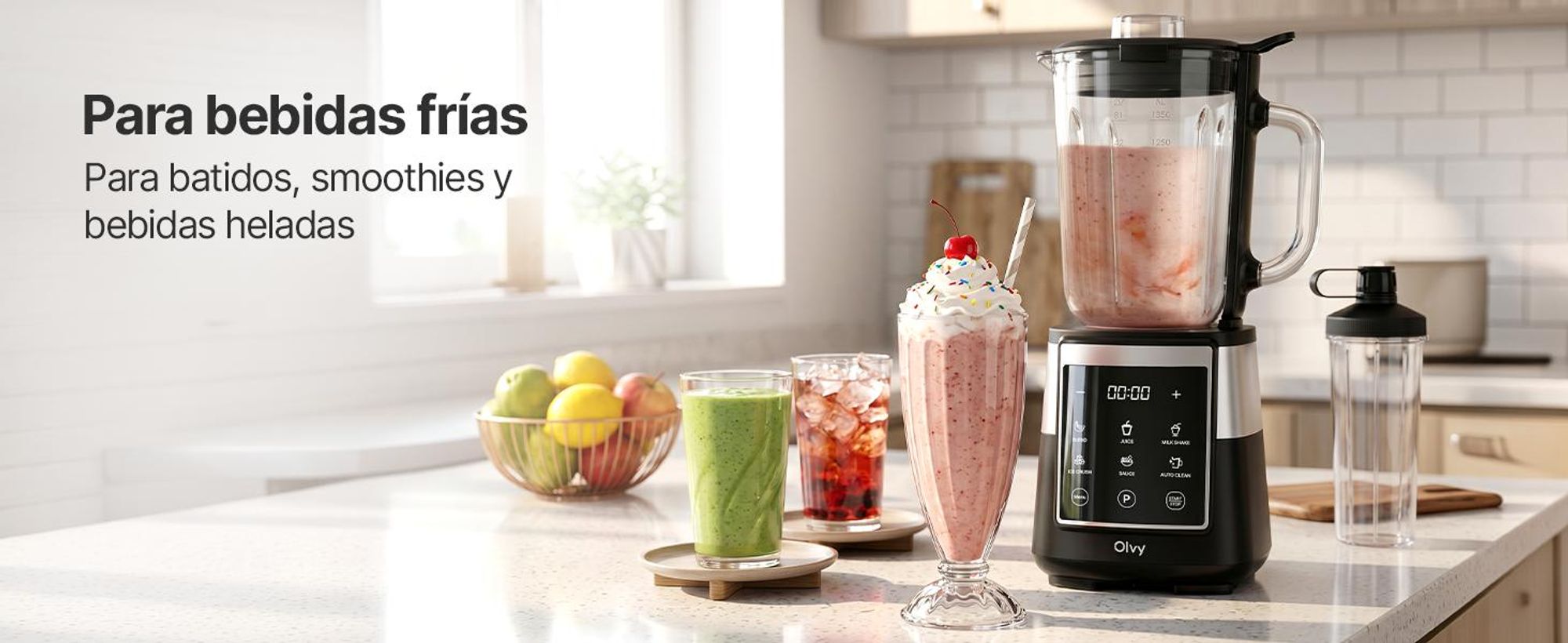 Olvy, batidora con recipiente de vidrio de 1,5 litros, vaso de Tritan de 600 ml, mezclador con pantalla táctil, función de pulsación y autolimpieza. Ideal para preparar batidos y triturar hielo