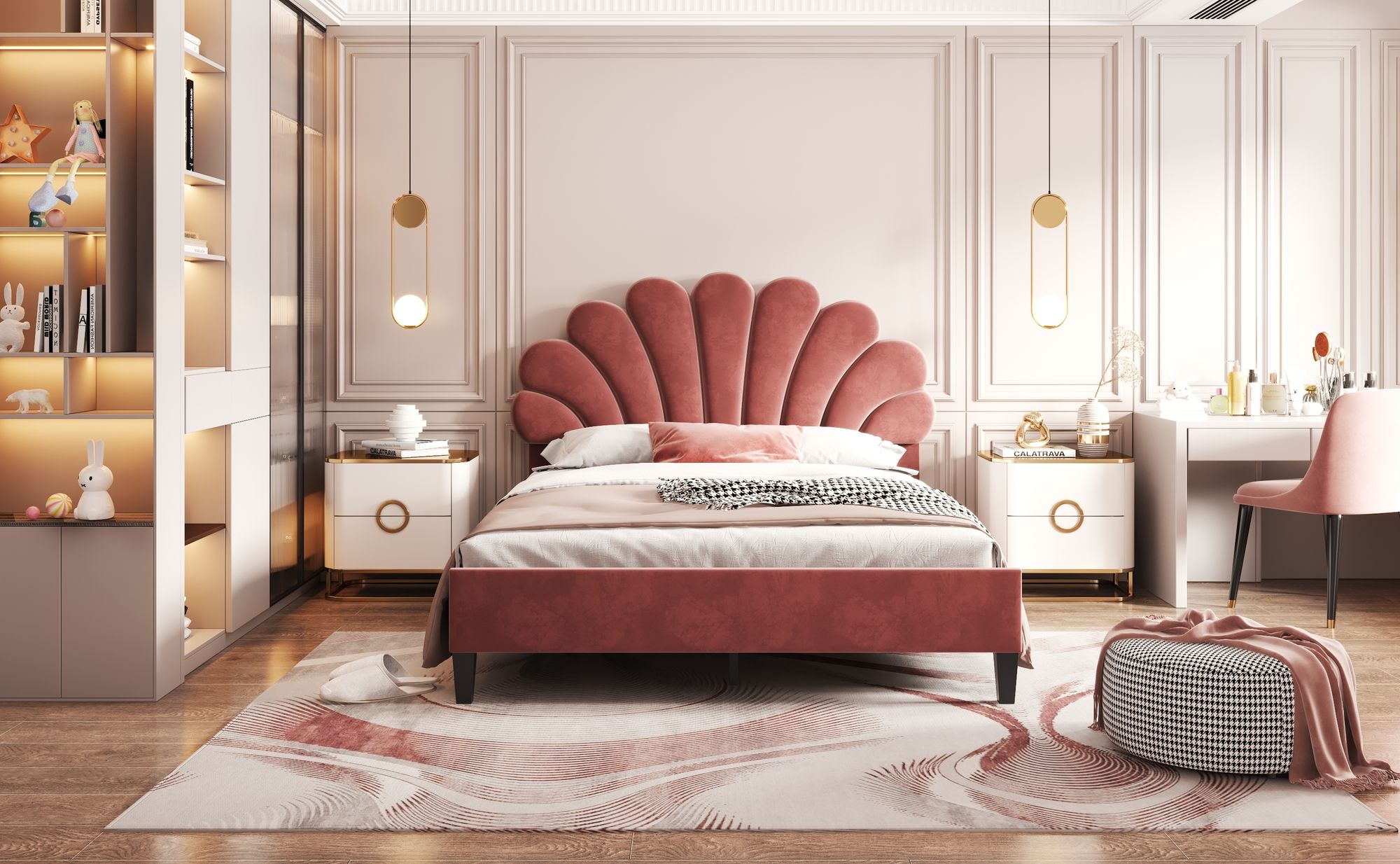okwish Polsterbett Kinderbett 140 x 200 cm, Bettgestell mit Kopfteil in Blumenform und Lattenrost, Doppelbett Gästebett aus hautfreundlichem Samtstoff, Rot