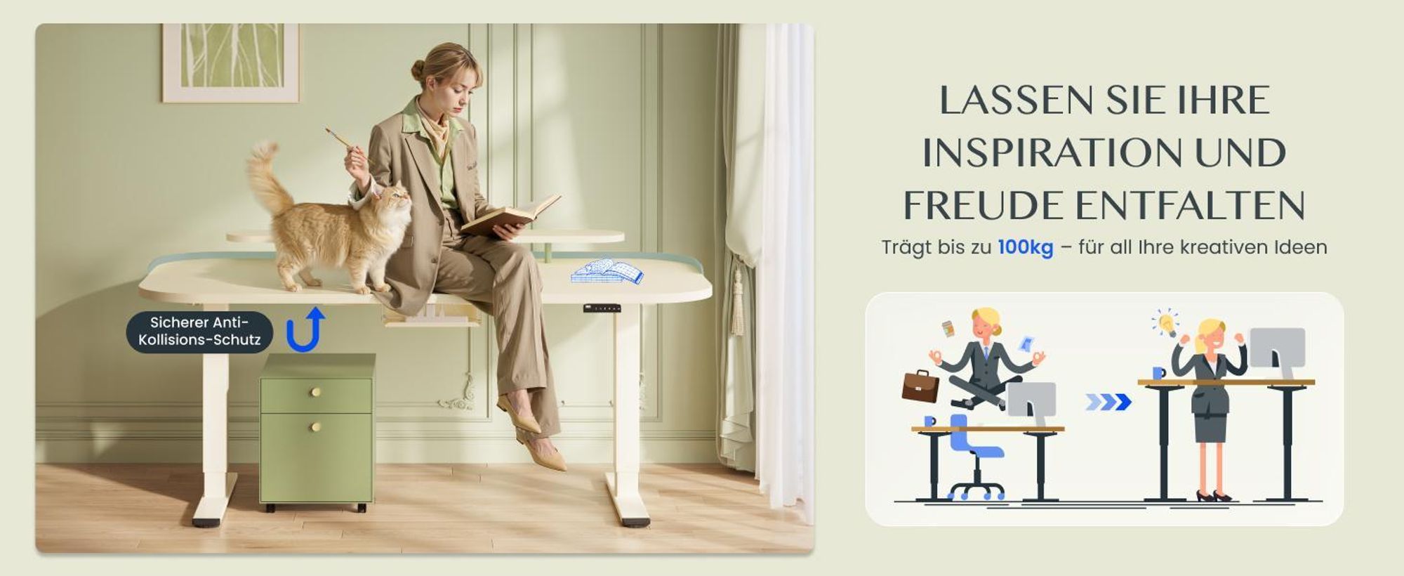 FLEXISPOT E1 Pro Elektrisch Höhenverstellbarer Schreibtisch 120x80cm 25MM EINTEILIGE TISCHPLATTE Doppelmotor 120KG Tragkraft 4 Speicherplätze, Mousseweiß+Mintgrün