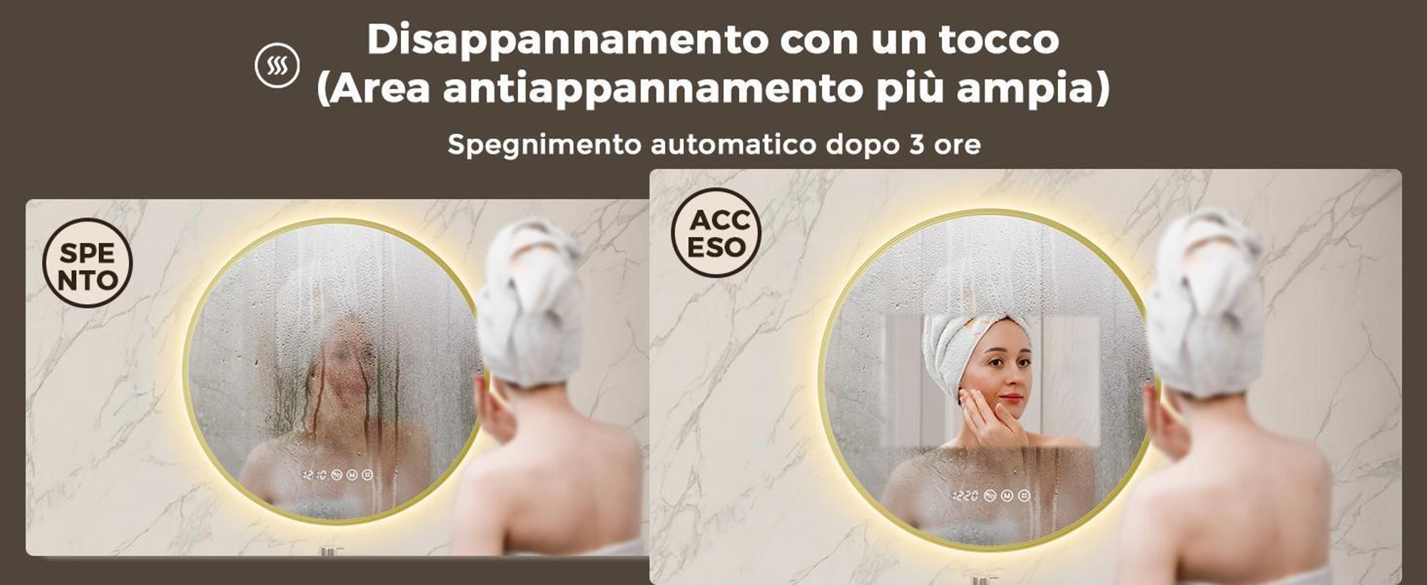 S'AFIELINA Specchio Bagno LED Rotondo 70 cm, Cornice Dorata, 3 colori di luce, luminosità regolabile, antiappannamento, orologio e temperatura