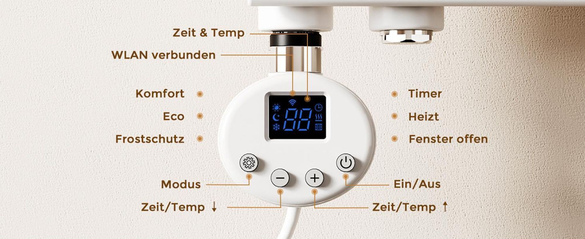 S’AFIELINA Heizstab mit Thermostat 1200W, programmierbarer Timer & LCD-Anzeige, WiFi, für Handtuchheizkörper, Edelstahl, intelligente Steuerung, Weiß
