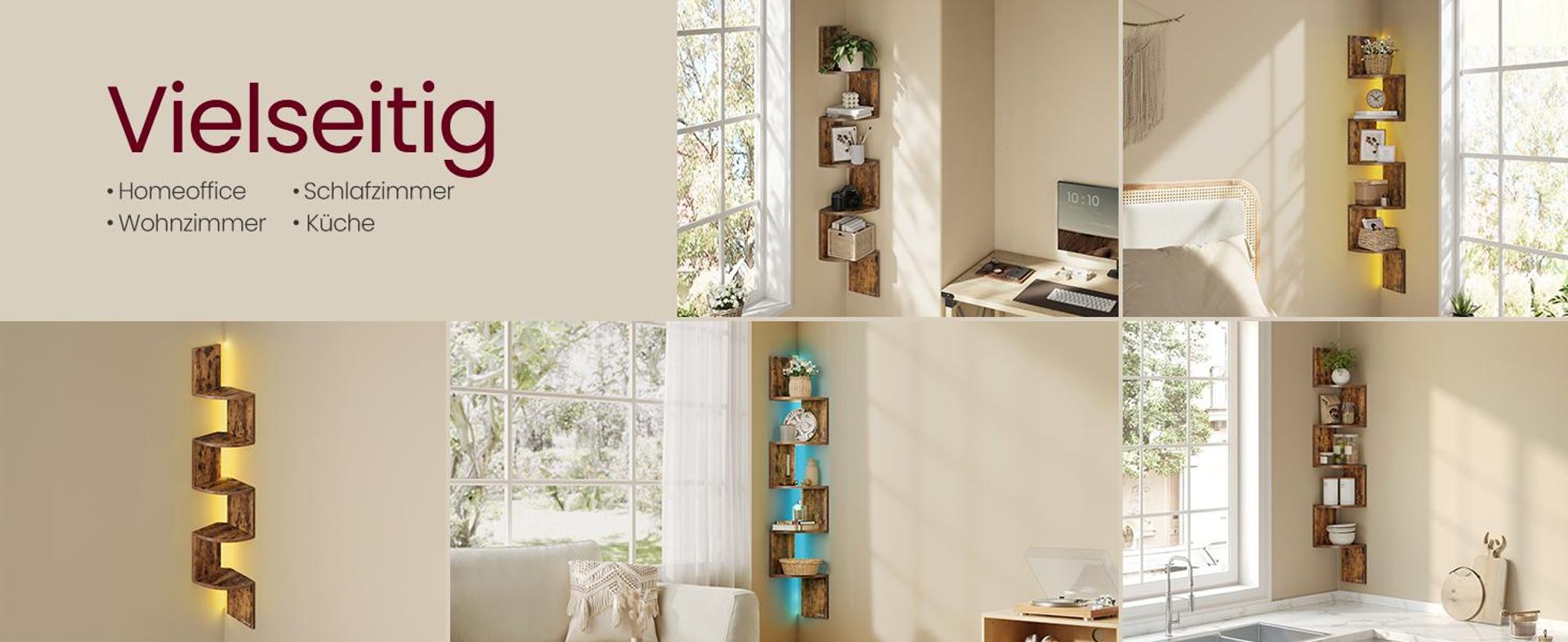 VASAGLE Eckregal mit LED-Beleuchtung, Wandregal 5 Ebenen, Schweberegal für Bücher, Bücherregal, Pflanzenregal für Schlafzimmer, Wohnzimmer, Badezimmer