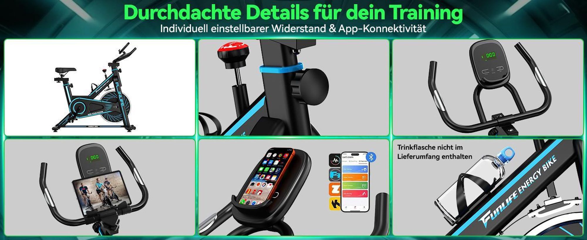 FunLife C1 Heimtrainer – Indoor Bike mit Bluetooth, FitShow & Kinomap, stufenlosem Widerstand, Herzfrequenzmessung, bis 120 kg