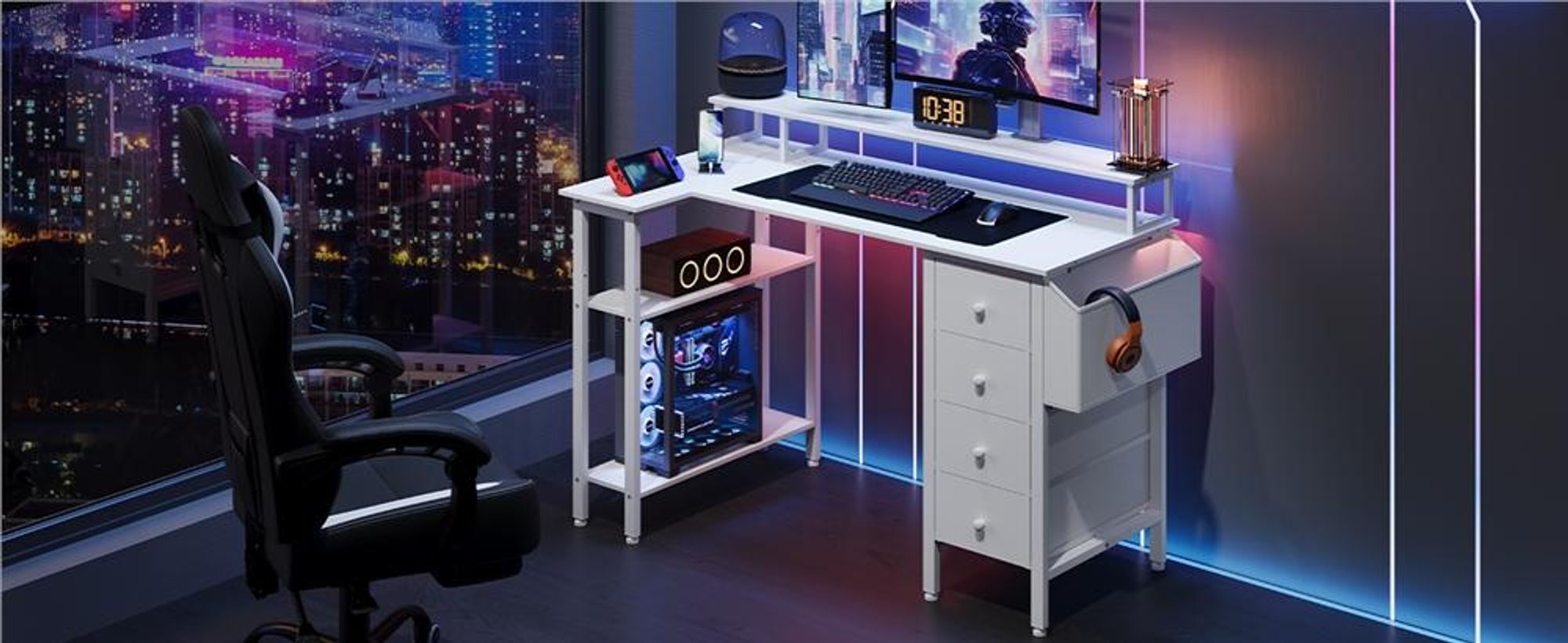 Yaheetech L-förmiger Computertisch, Schreibtisch mit Ladestation, umkehrbarer Gaming-Tisch, mit Monitorhalterung & Aufbewahrungstasche, Weiß