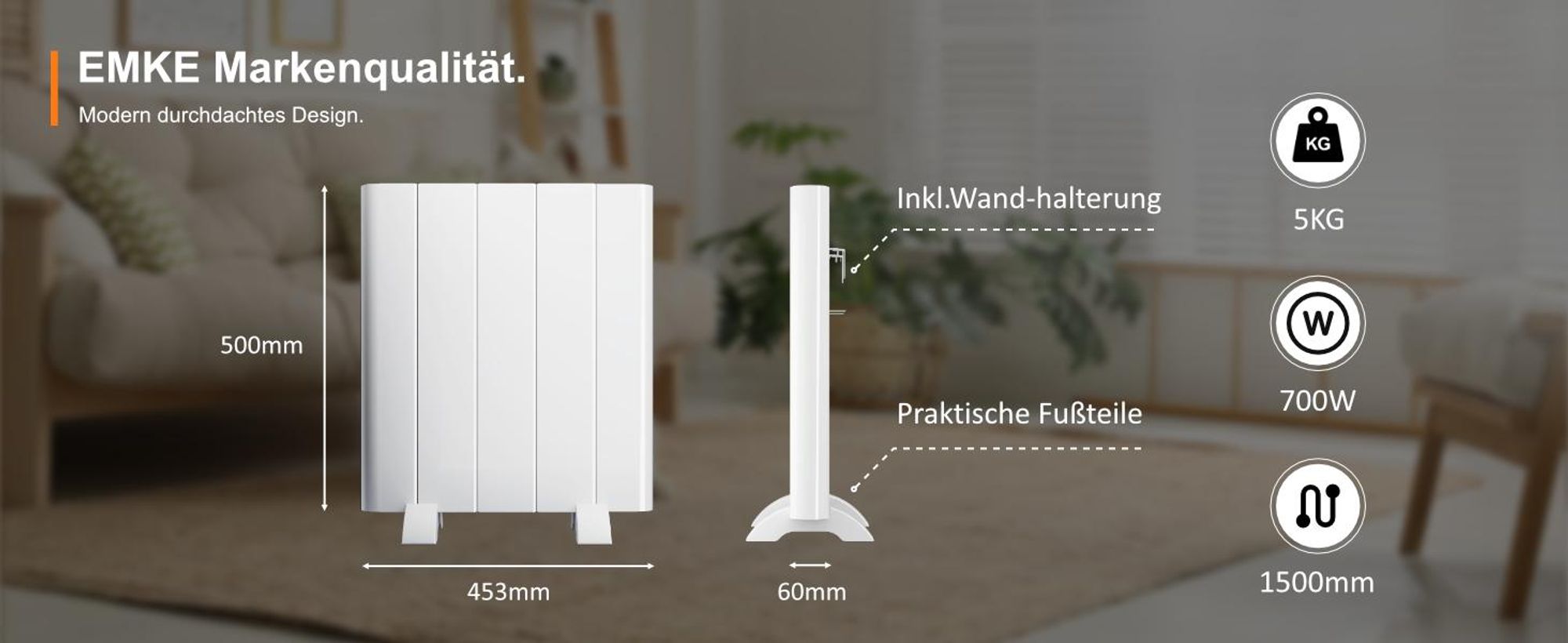 EMKE® Elektroheizung 700W Elektro Konvektor 453x500x60mm mit WIFI und Alexa-Sprachsteuerung, Standgerät & Wandmontage Elektroheizkörper ohne Heizstab