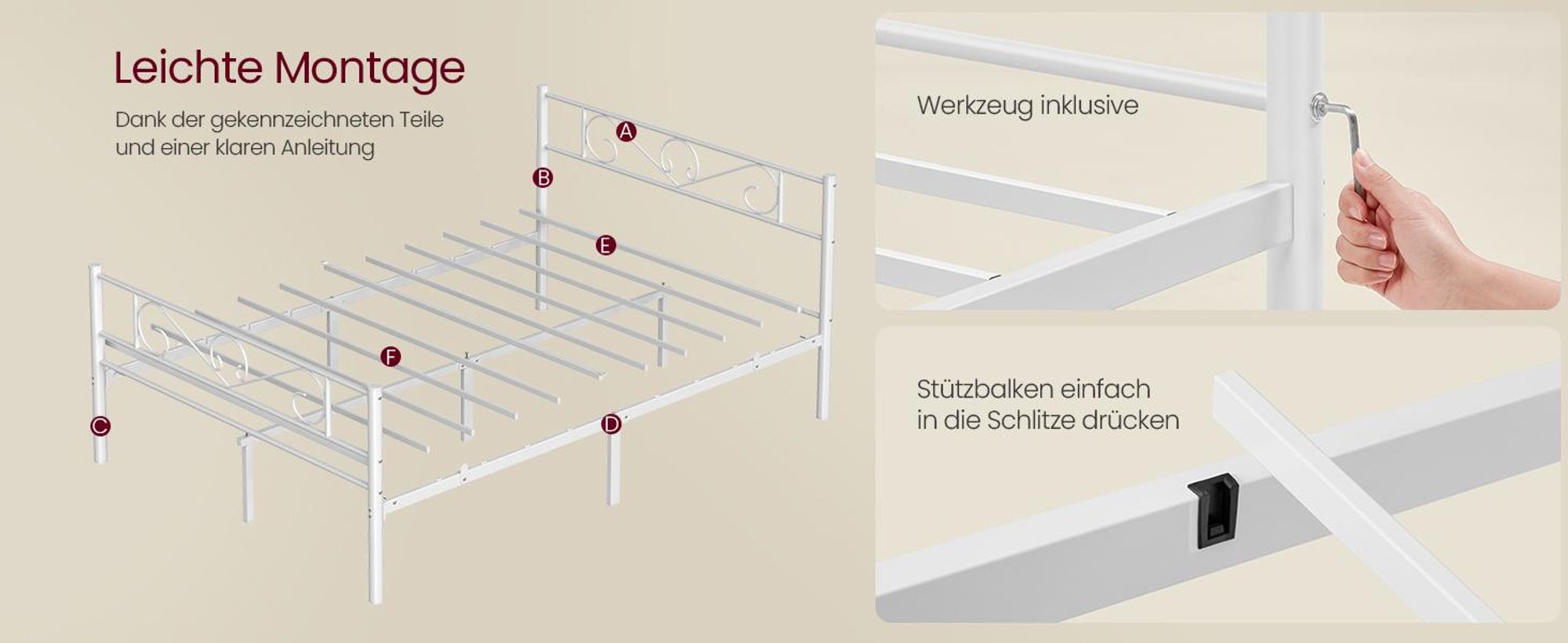 VASAGLE Bettgestell 140 x 200 cm, mit Kopfteil, Metallbett, Bettrahmen