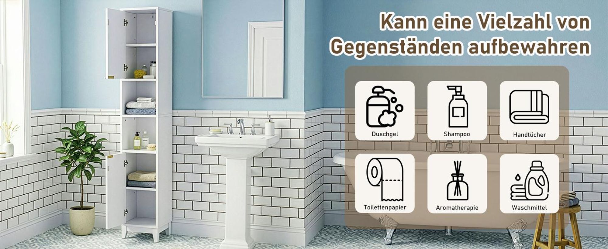 FCH Badezimmerschrank, Badschrank, Hochschrank mit 2 Türen und 2 offenes Fach, verstellbaren Ablagen, 30x28x170cm, Weiß