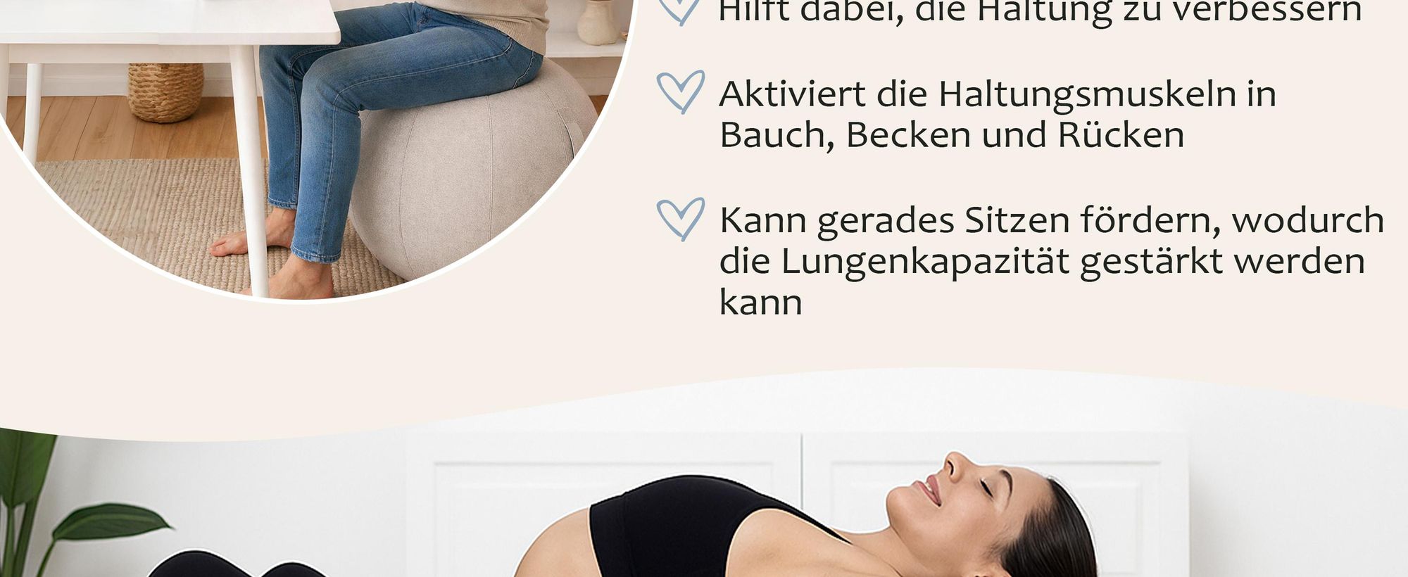 ONVAYA® Gymnastikball 65cm mit Bezug - Rutschfester Yoga-Ball-Stabiler Sitzball für ergonomisches Sitzen-Fitnessball & Schwangerschaftsball Beige