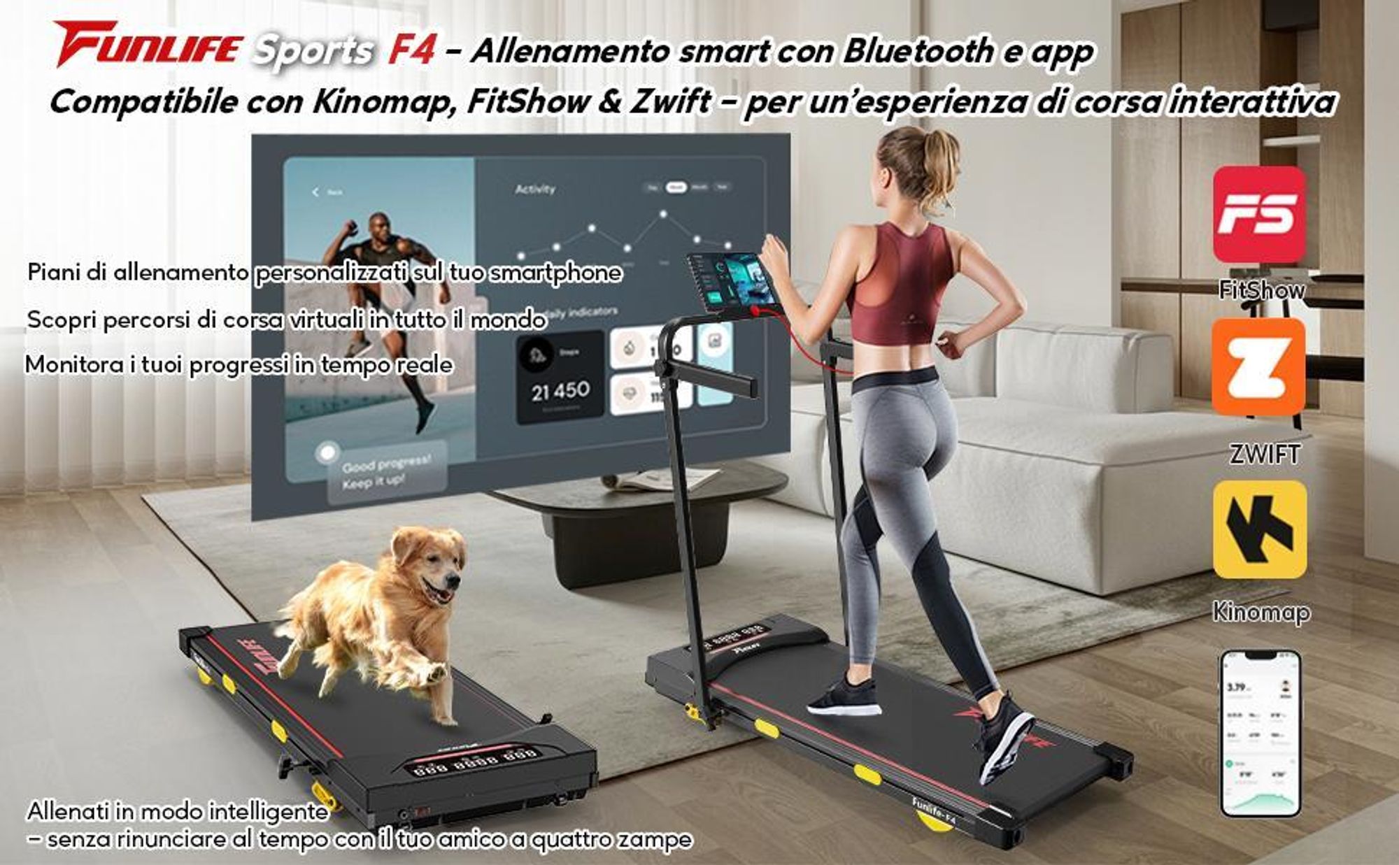 FunLife F4 Tapis roulant per uso domestico con inclinazione, walking pad pieghevole, walking pad da scrivania, motore potente e silenzioso, doppio comando, compatto con ammortizzazione, blu