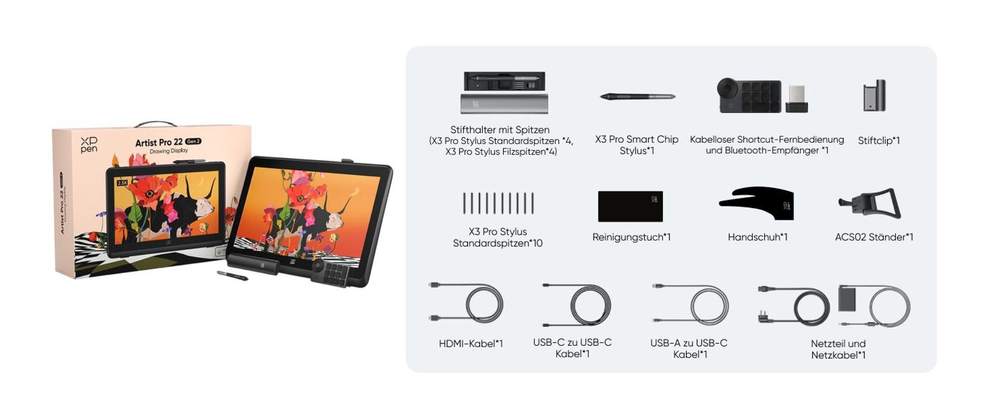 XPPen Artist Pro 22 (Gen 2), Kabelgebunden, 5080 lpi, 475,392 x 267,408 mm, USB/Bluetooth, 1 cm, Stift