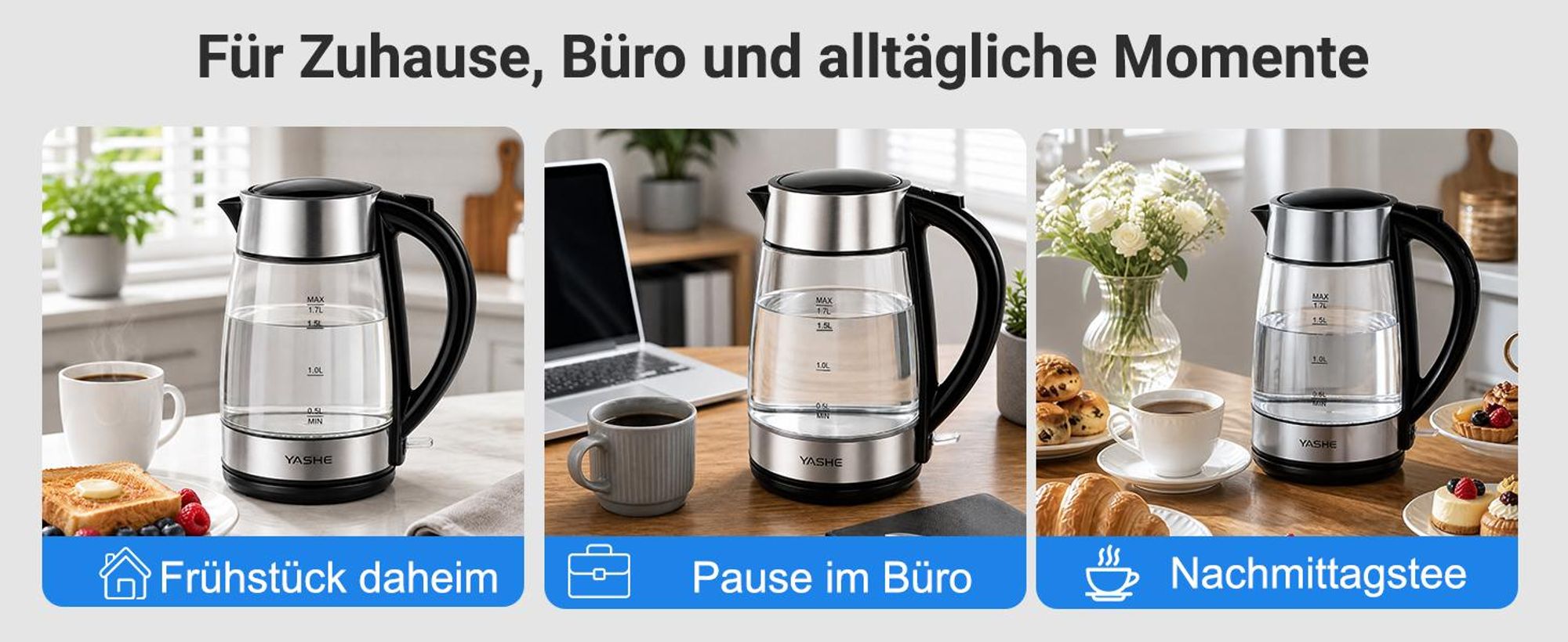 YASHE Wasserkocher Glas 1,7L 2200W mit Schnellkochfunktion und LED-Licht