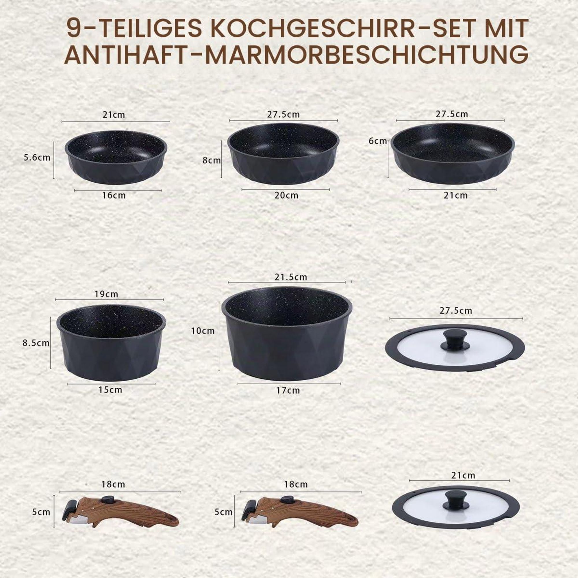 Royal Swiss 9-teiliges Kochgeschirr Set 5 Töpfen und Pfannen 2 Glasdeckeln und 2 abnehmbaren Griffen