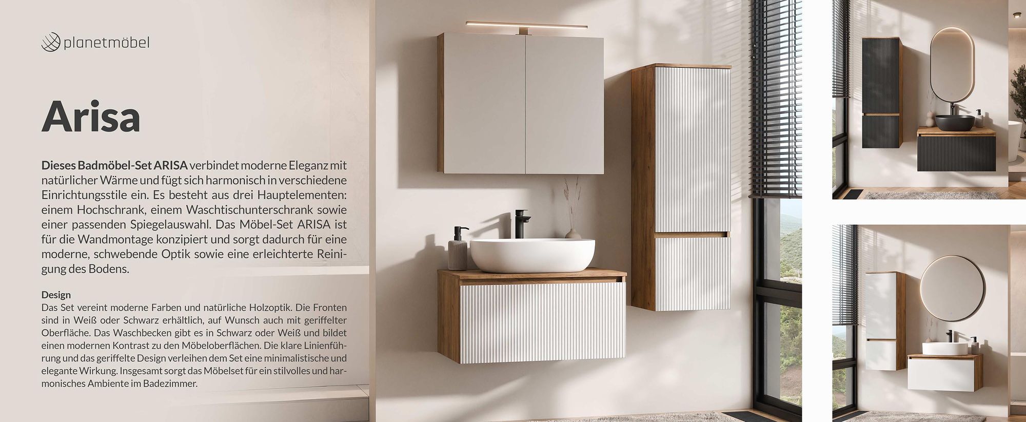 Planetmöbel ARISA Badmöbel Set Weiß – Mit Nova LED Spiegel und weißem Keramik-Aufsatzwaschbecken 55 cm