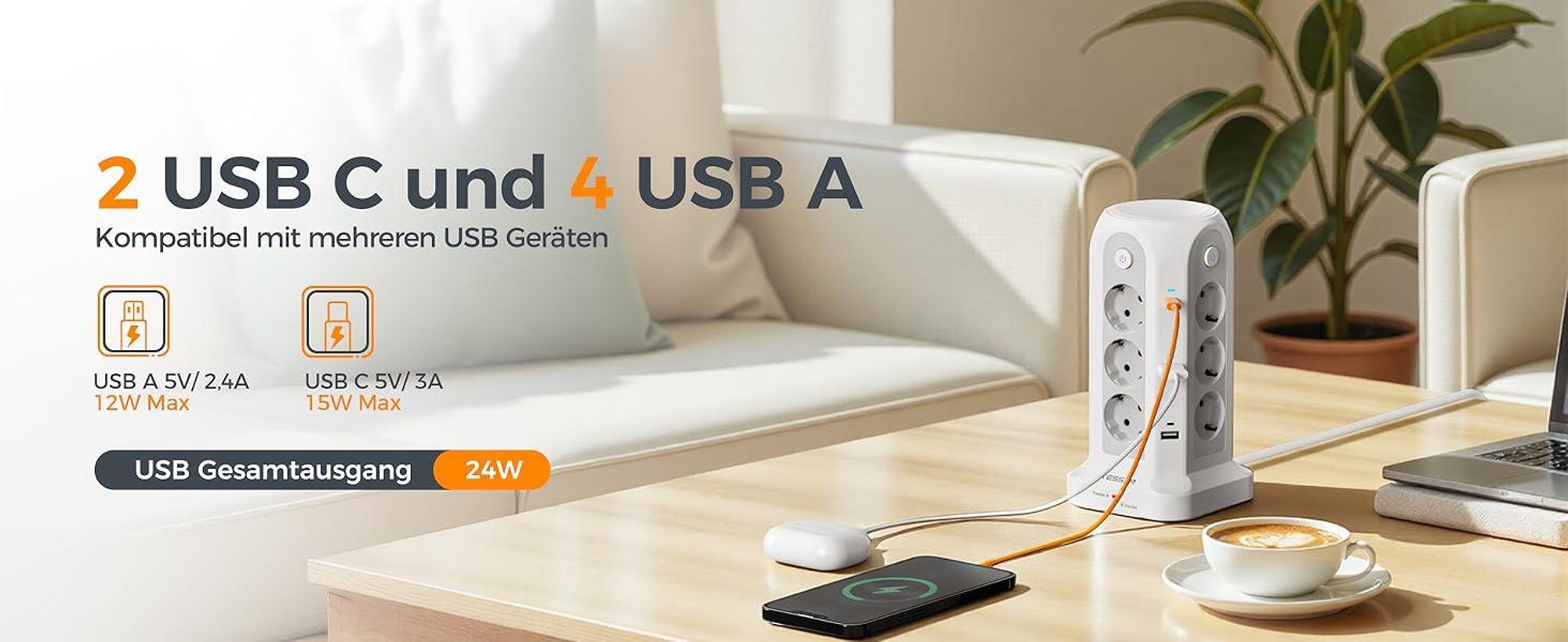 TESSAN 12 Fach Mehrfachsteckdose mit 2 USB C und 4 USB A Verlängerungskabel 5M Überspannungsschutz Steckdosenturm 3680W