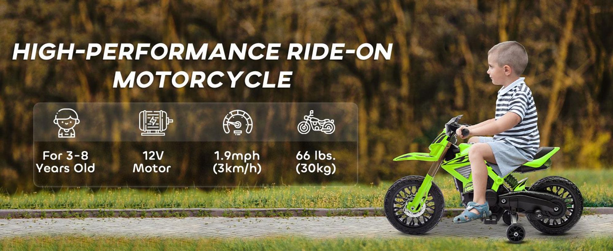 AIYAPLAY Elektryczny motocykl dziecięcy Elektryczny motocykl z klaksonem, elektryczny motocykl dziecięcy 3 km/h z 2 kółkami bocznymi dla dzieci w wieku 3-8 lat, zielony