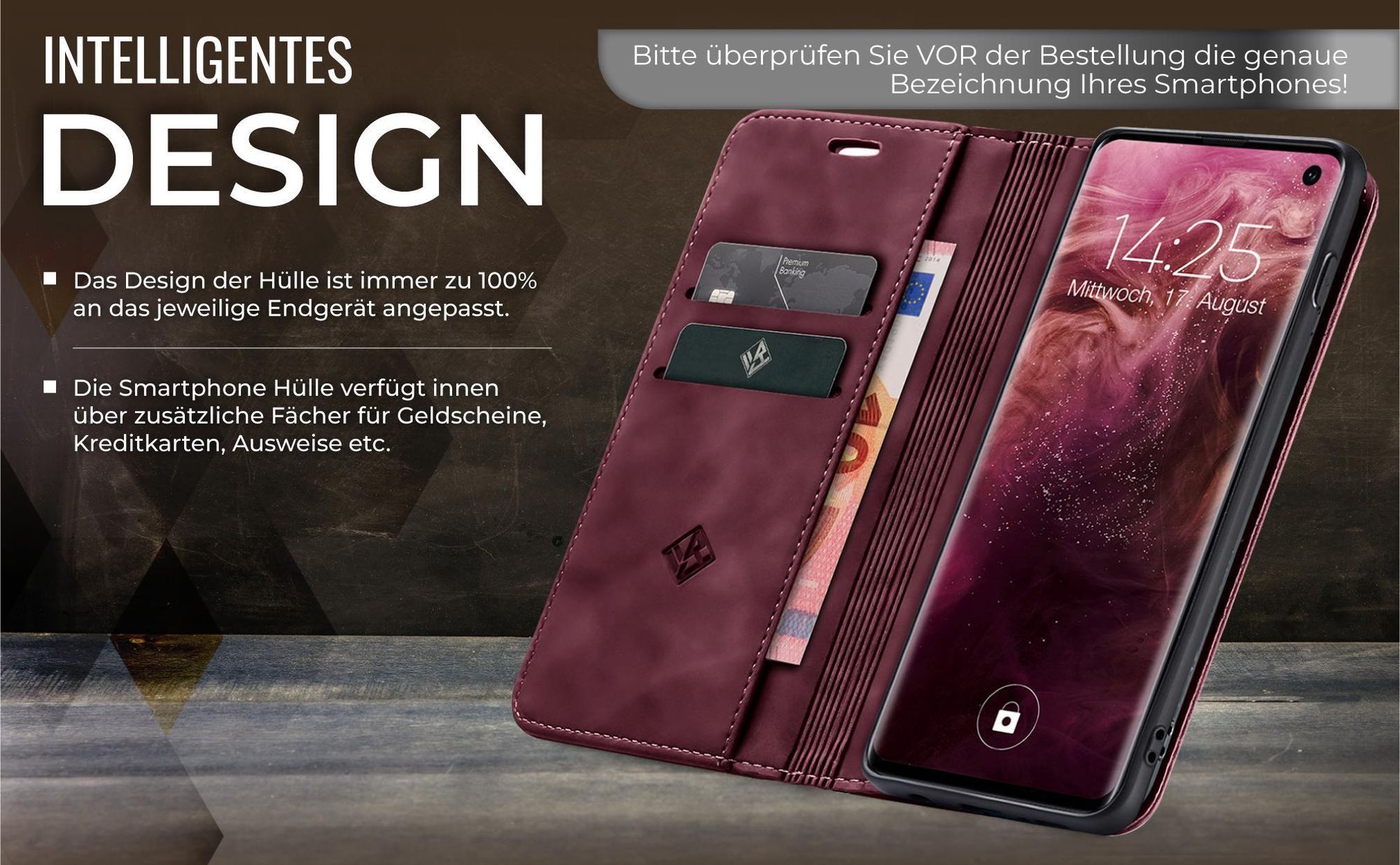 Edle Schutzhülle in Weinrot für Samsung Galaxy S10 mit Kartenfächern und Geldfach