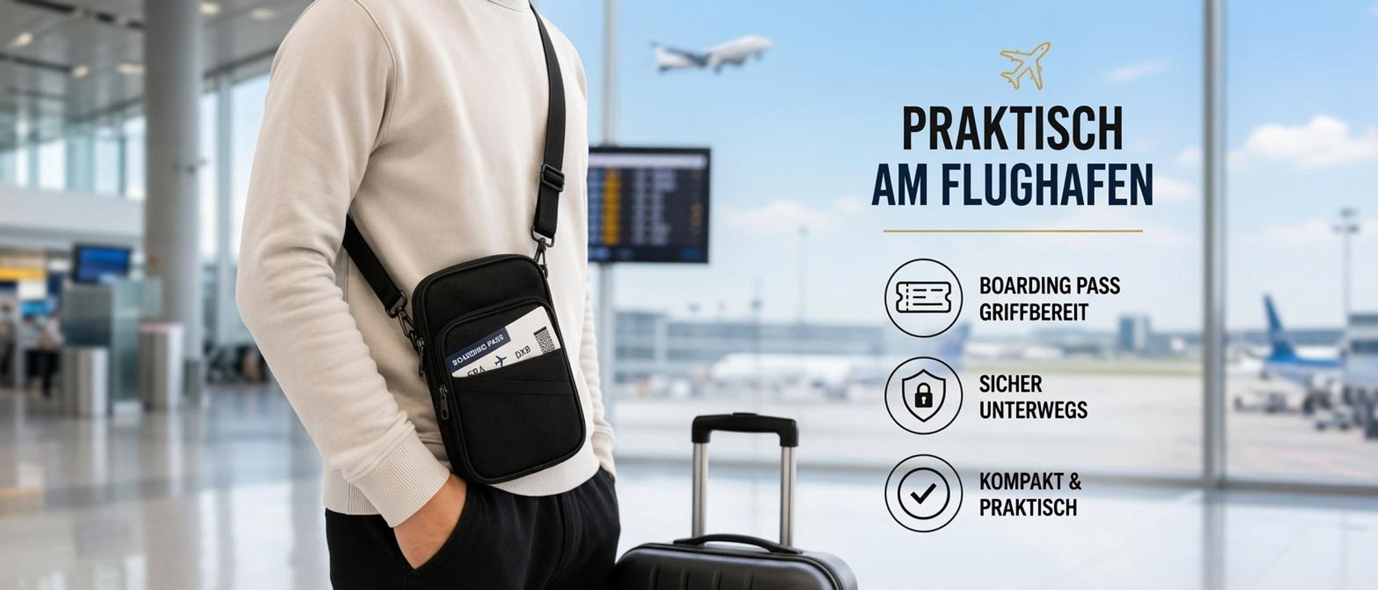 RFID Schutztasche für den Flughafen, Boarding Pass griffbereit, kompakt und praktisch unterwegs