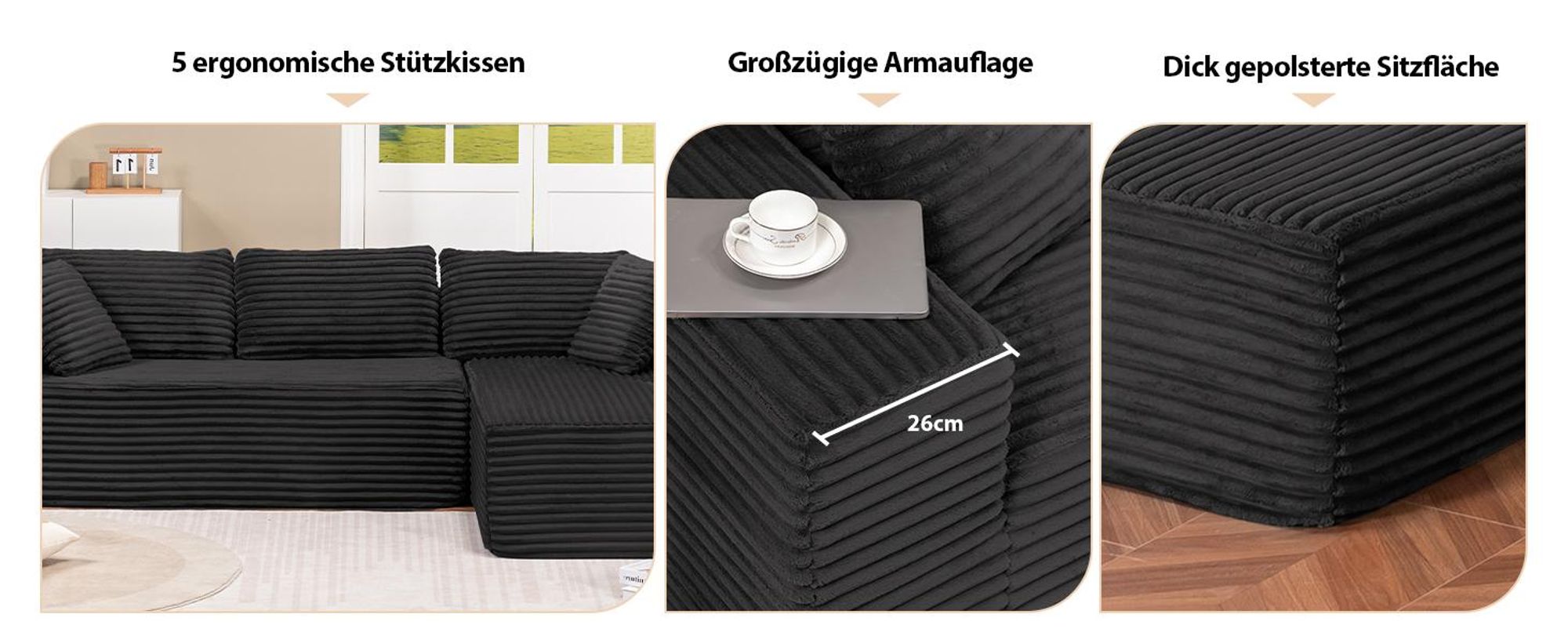 COMHOMASofa Big-Sofa, L-förmige Sofa, Couch Ecksofa, Chaiselongue Schlafsofa mit tiefer Sitzfläche und breiten Armlehnen, Cordstoff, schwarz-L