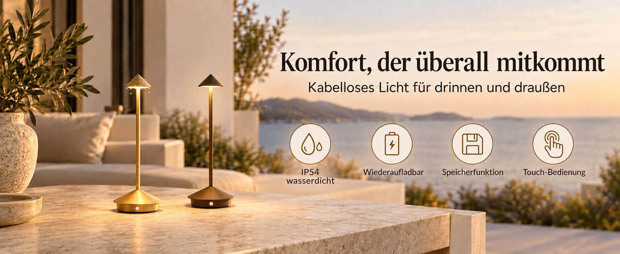 2er LED Nachttischlampe, Kabellose LED Tischleuchte, Dimmbare Tischlampe, Stufenloses Dimmen in drei Farben,Tragbare USB Aufladbar lampen, Braun
